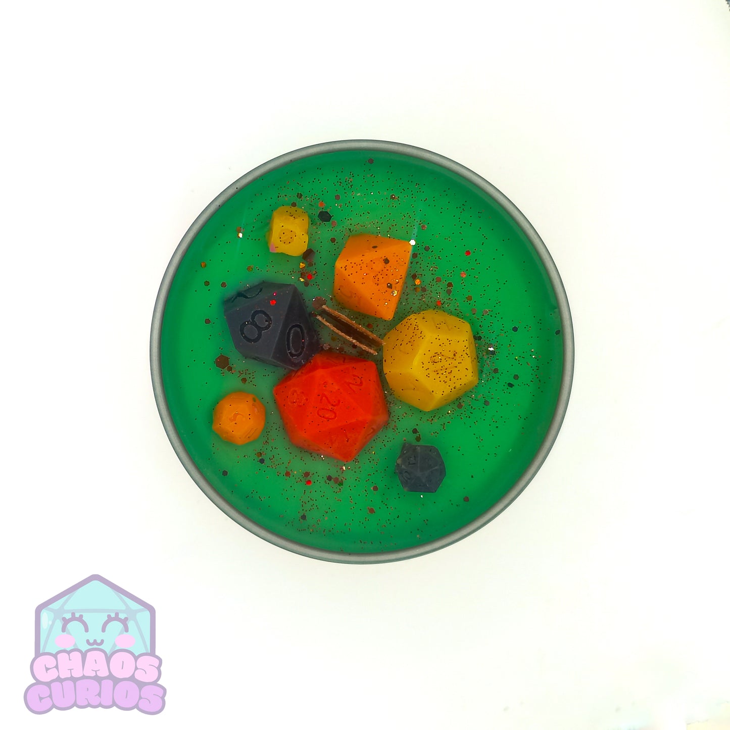 Long Rest Candle, Short Rest Candle, DnD Dice Candle, Wood Wick, Egyptian Amber Scented, Roleplay Candle, Dice Wax Melts, 35+ Hours