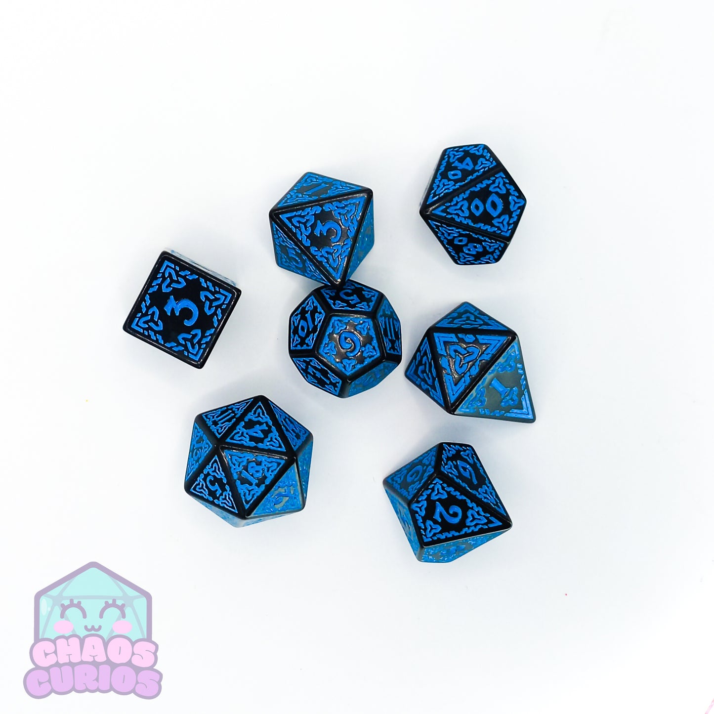 Blue Black Glyph 7-piece Dice Set - Quadrilateral/Kite D4