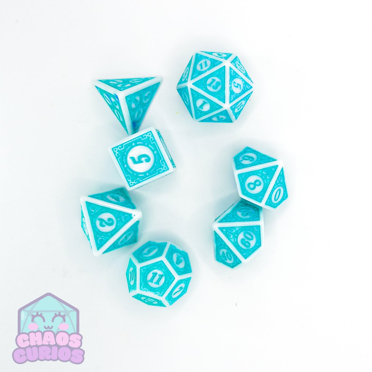 Teal White Glyph 7-piece Dice Set
