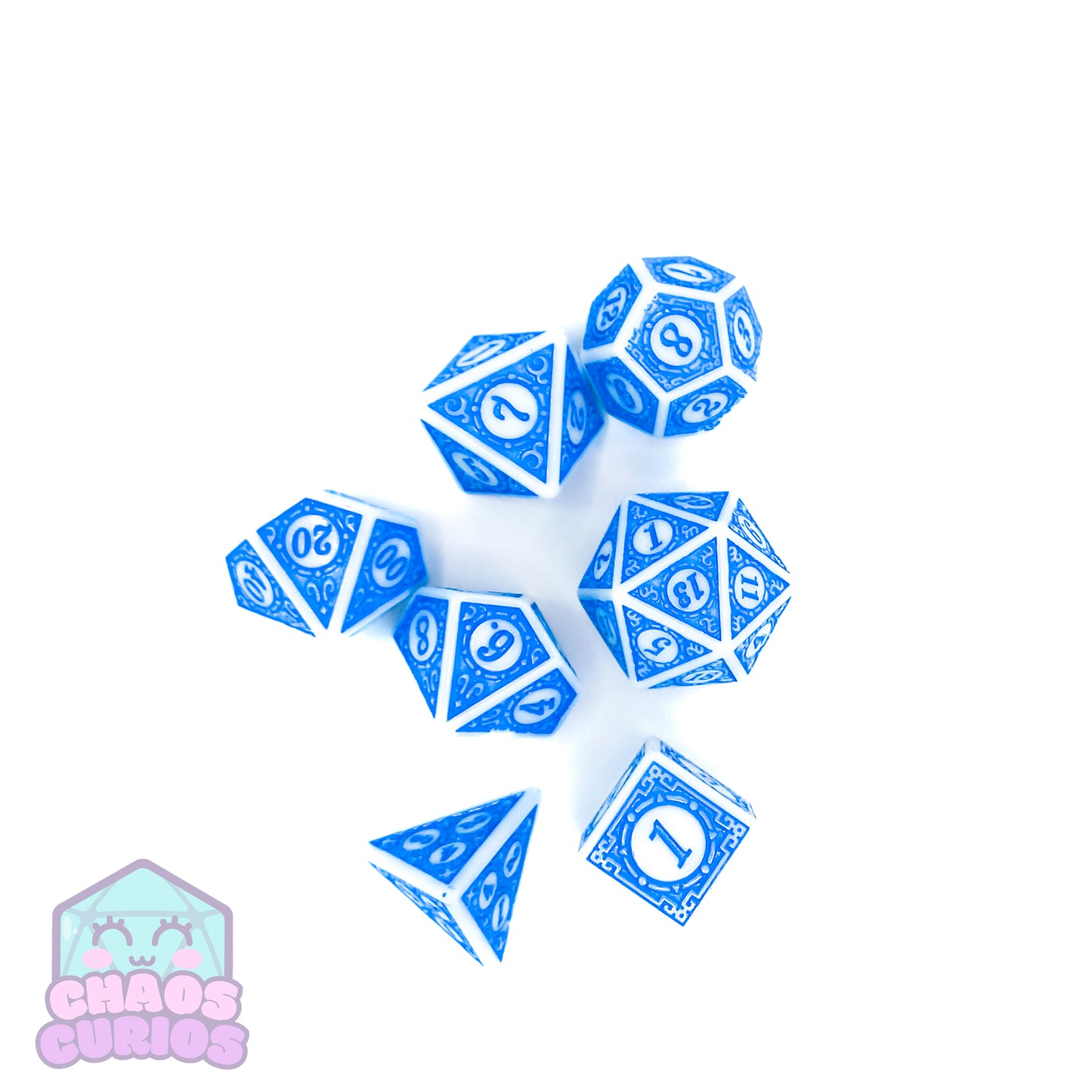 Blue White Glyph 7-piece Dice Set