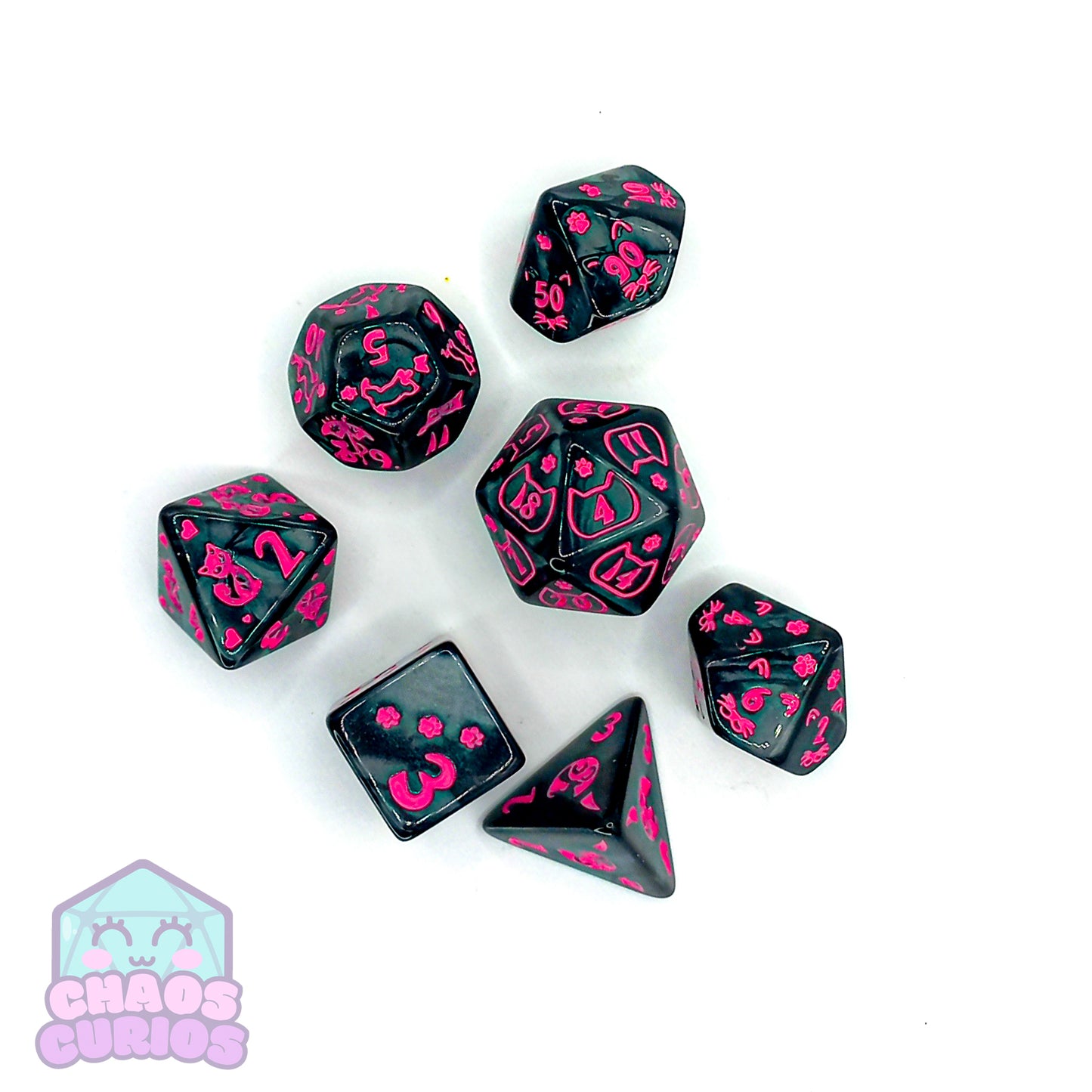 Black Pink Cat Paws 7-piece Dice Set