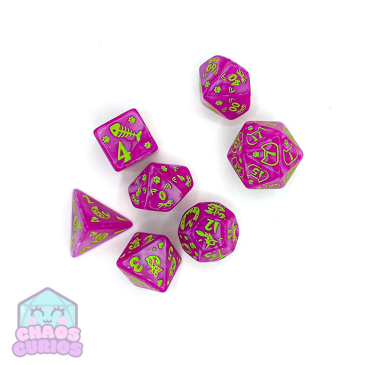 Pink Green Cat Paws 7-piece Dice Set
