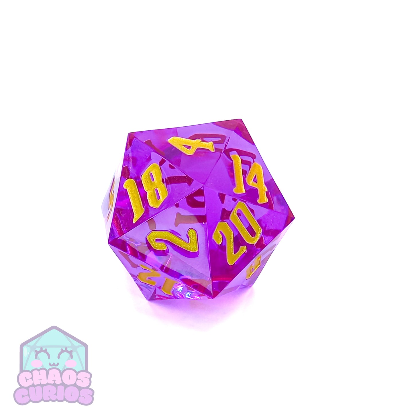 Pink 55mm Chonker D20 with Gold Chaos Font Inking