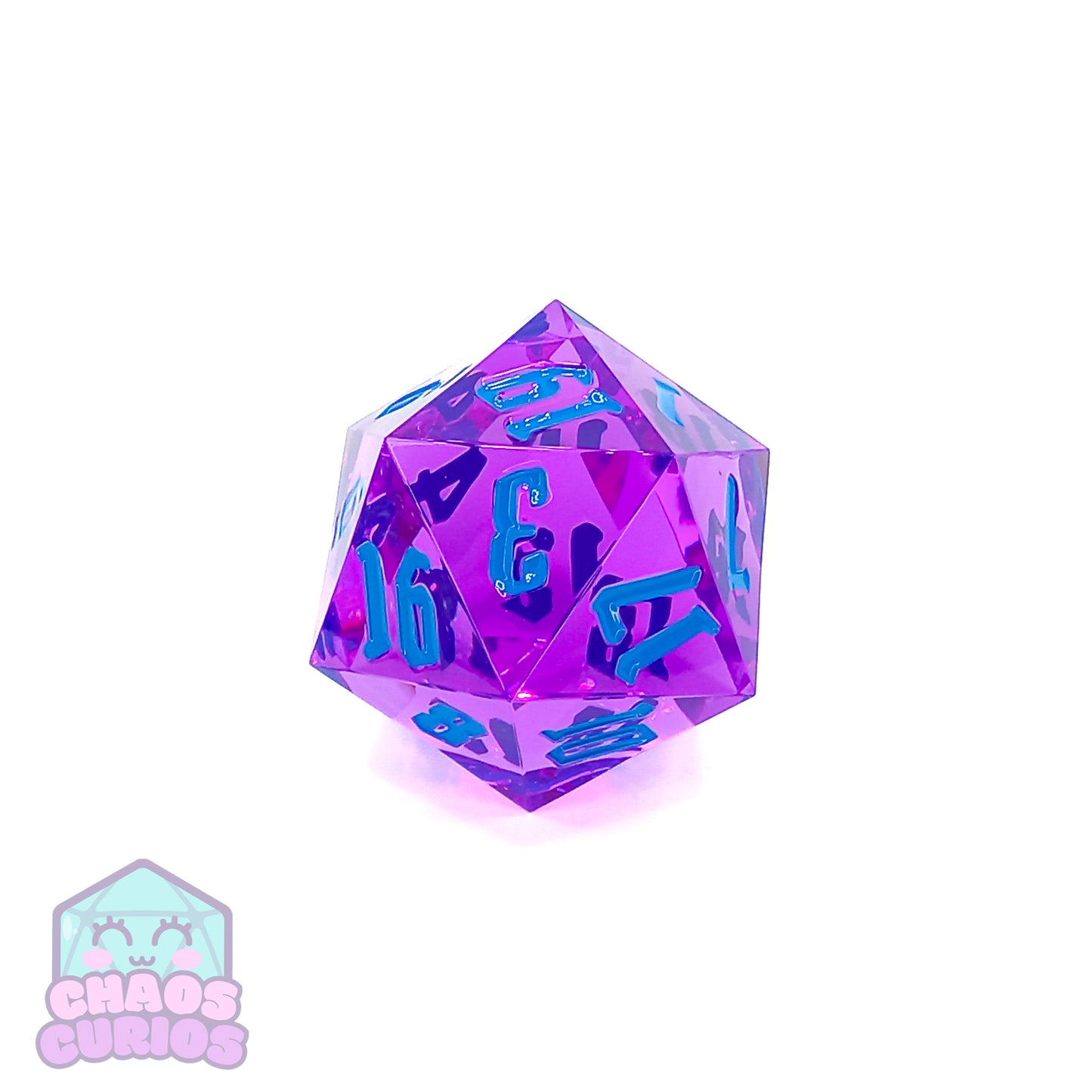 Purple 55mm Chonker D20 with Blue Chaos Font Inking