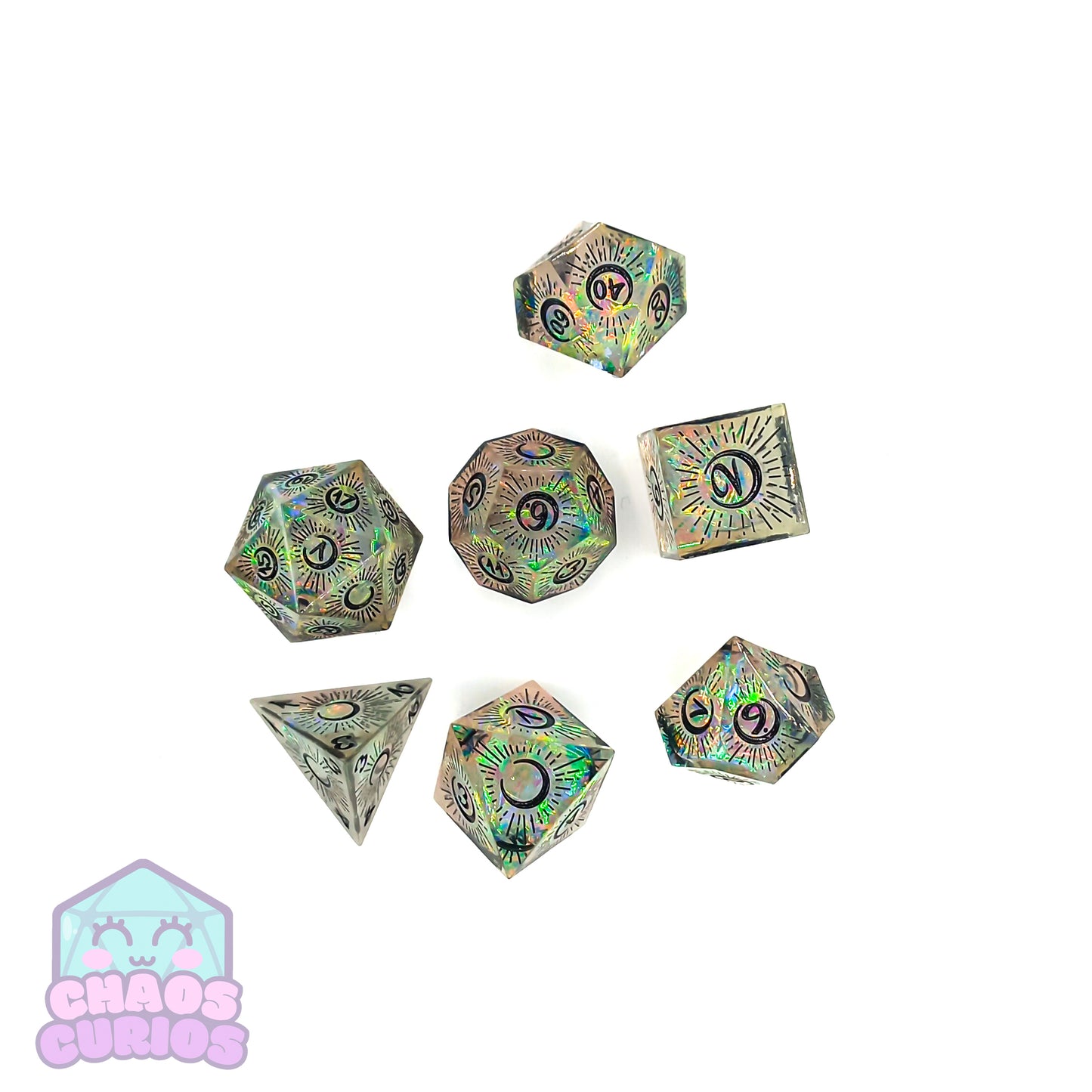 Holographic Mystical Moon 7-piece Sharp Edged Resin Dice Set