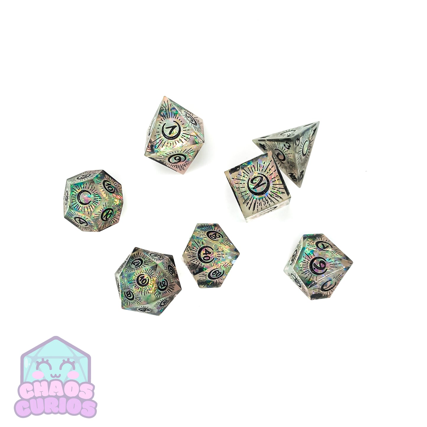 Holographic Mystical Moon 7-piece Sharp Edged Resin Dice Set
