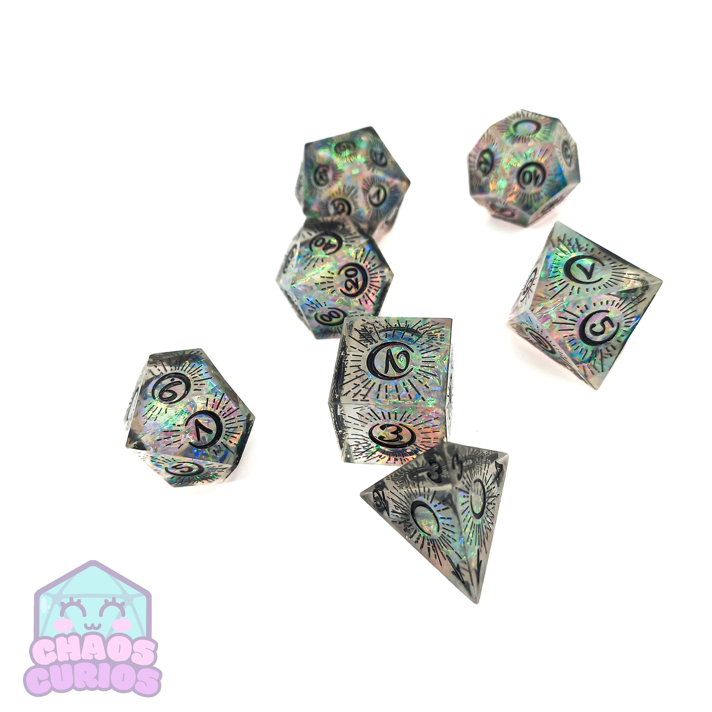 Holographic Mystical Moon 7-piece Sharp Edged Resin Dice Set
