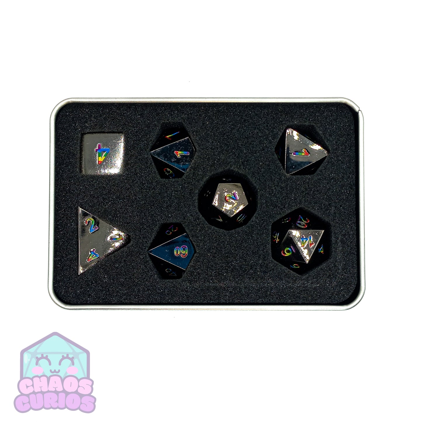 Rainbow High Shine Black 7-piece Metal Dice Set