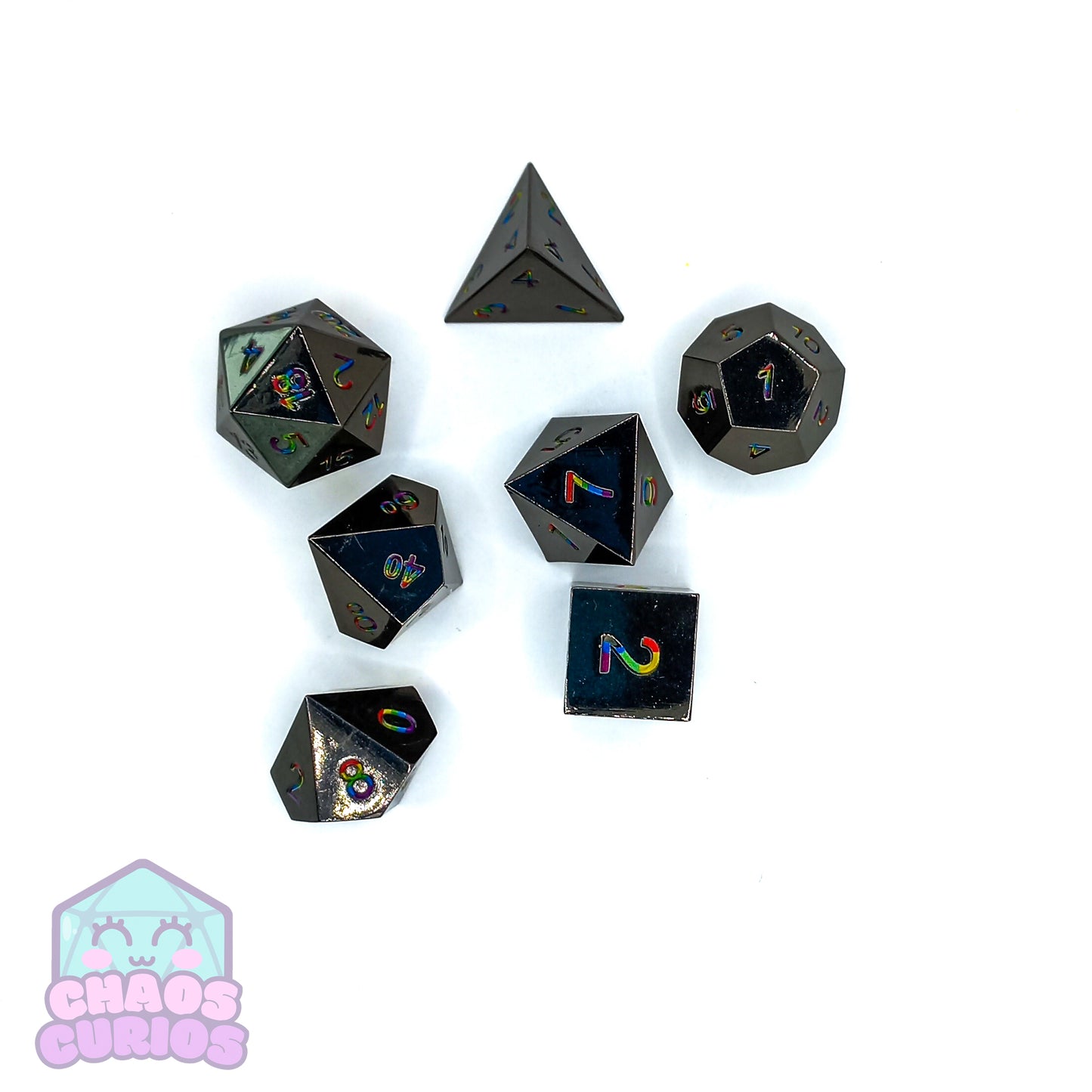 Rainbow High Shine Black 7-piece Metal Dice Set