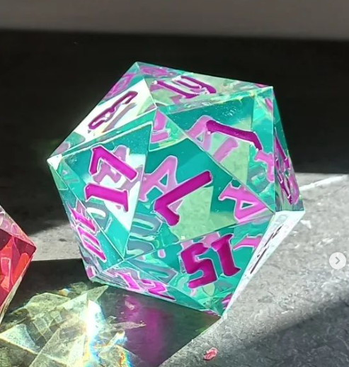 Teal 55mm Chonker D20 with Purple Chaos Font Inking
