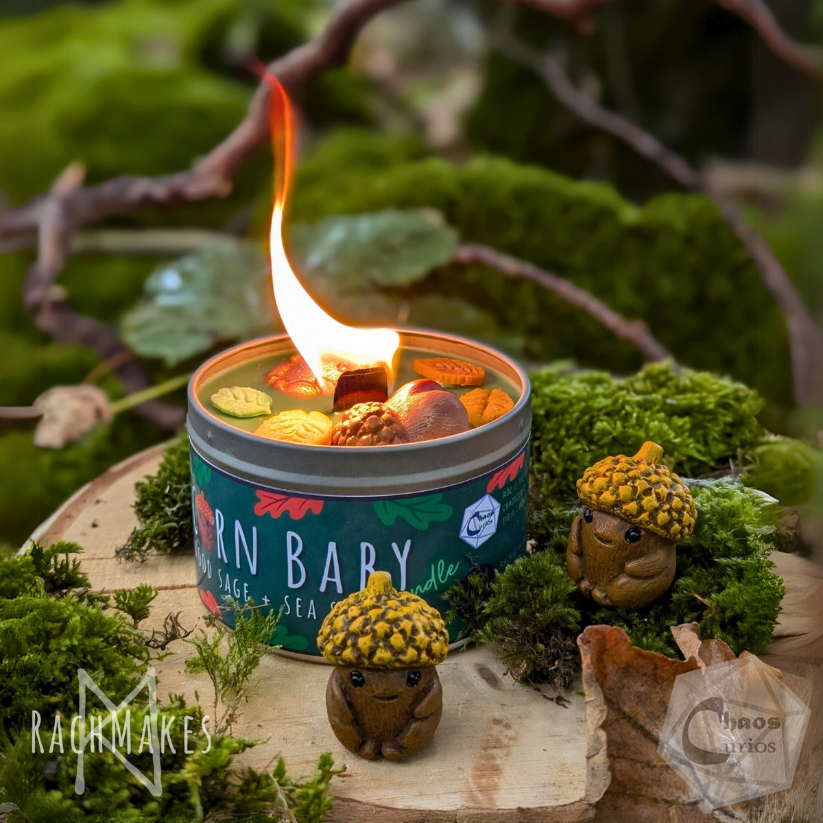 Baby Acorn Candle, Rachmakes X ChaosCurios, Wood Wick, Wood Sage Scented, Baby Acorn, 35+ Hours
