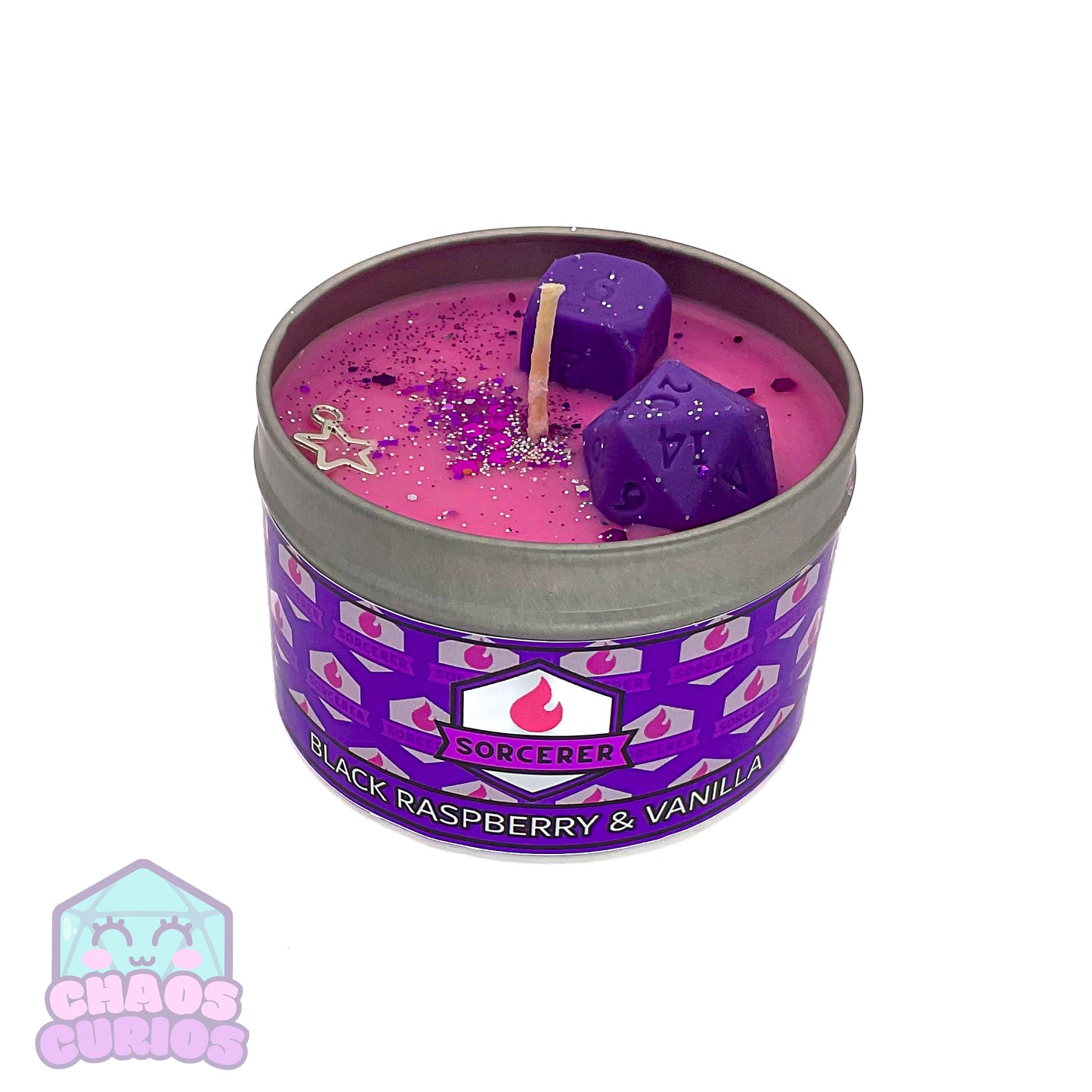 Sorcerer, DnD Character Candle, DnD Dice Candle, Wooden Wick, Black Raspberry and Vanilla Scented, Roleplay Candle, Dice Wax Melts, 35+ Hours