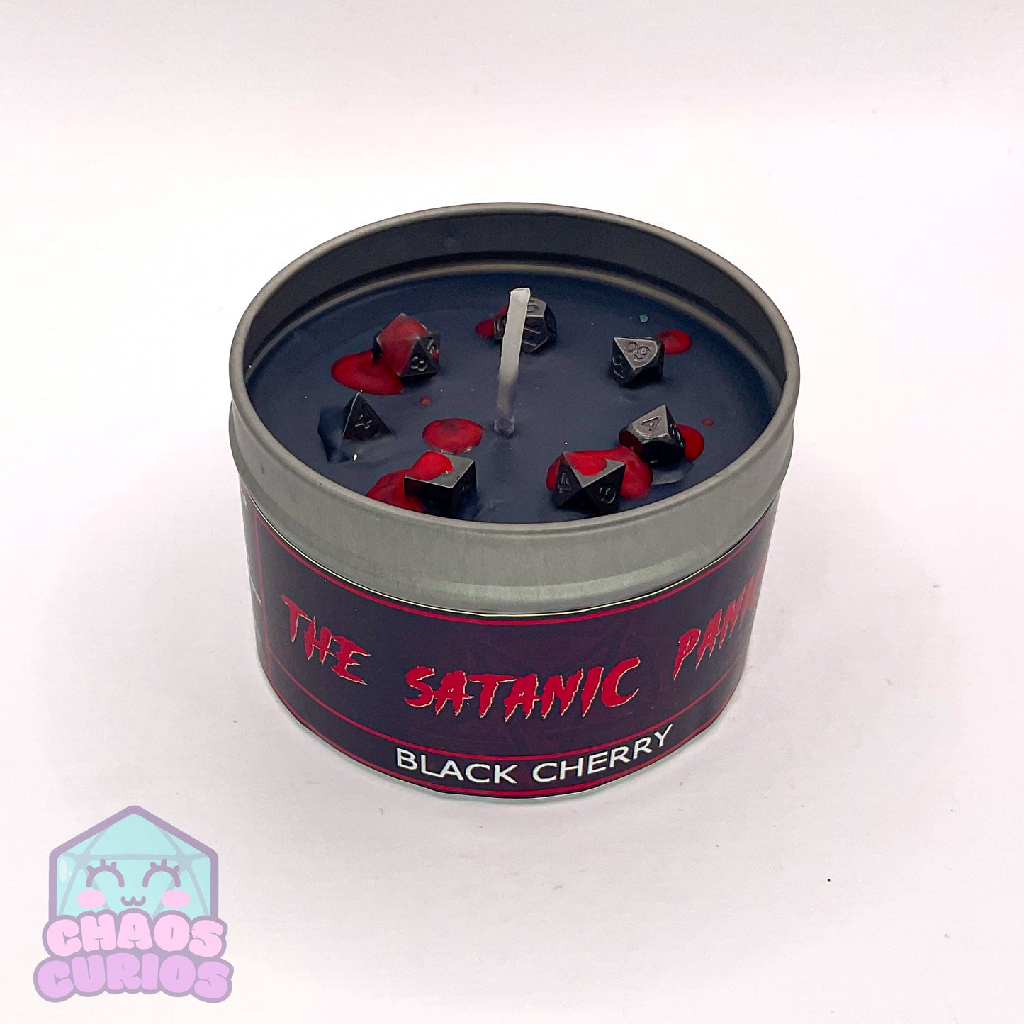 Satanic Panic! RPG Candle, RPG Dice Candle, Wooden Wick, Black Cherry Scented, Roleplay Candle, Dice Wax Melts, 35+ Hours