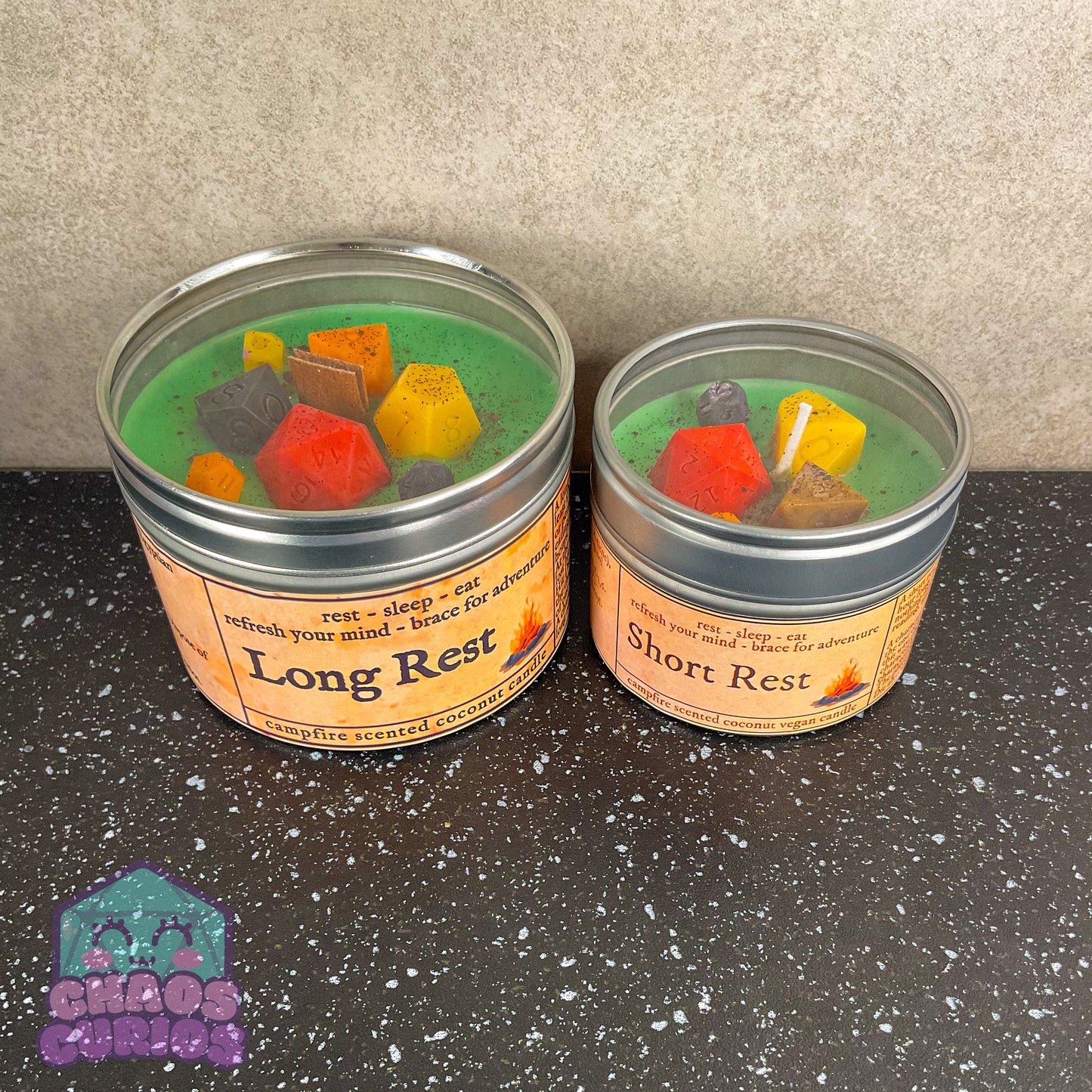 Long Rest Candle, Short Rest Candle, DnD Dice Candle, Wood Wick, Egyptian Amber Scented, Roleplay Candle, Dice Wax Melts, 35+ Hours