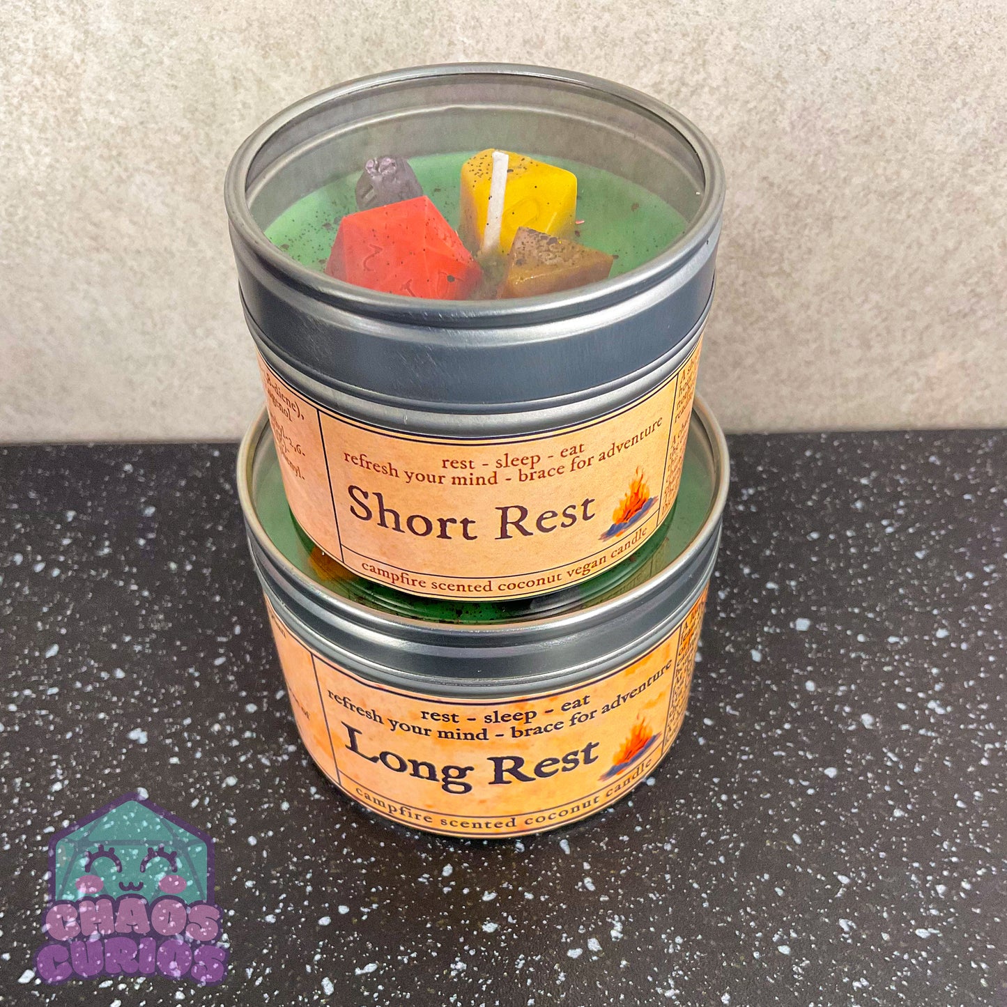 Long Rest Candle, Short Rest Candle, DnD Dice Candle, Wood Wick, Egyptian Amber Scented, Roleplay Candle, Dice Wax Melts, 35+ Hours
