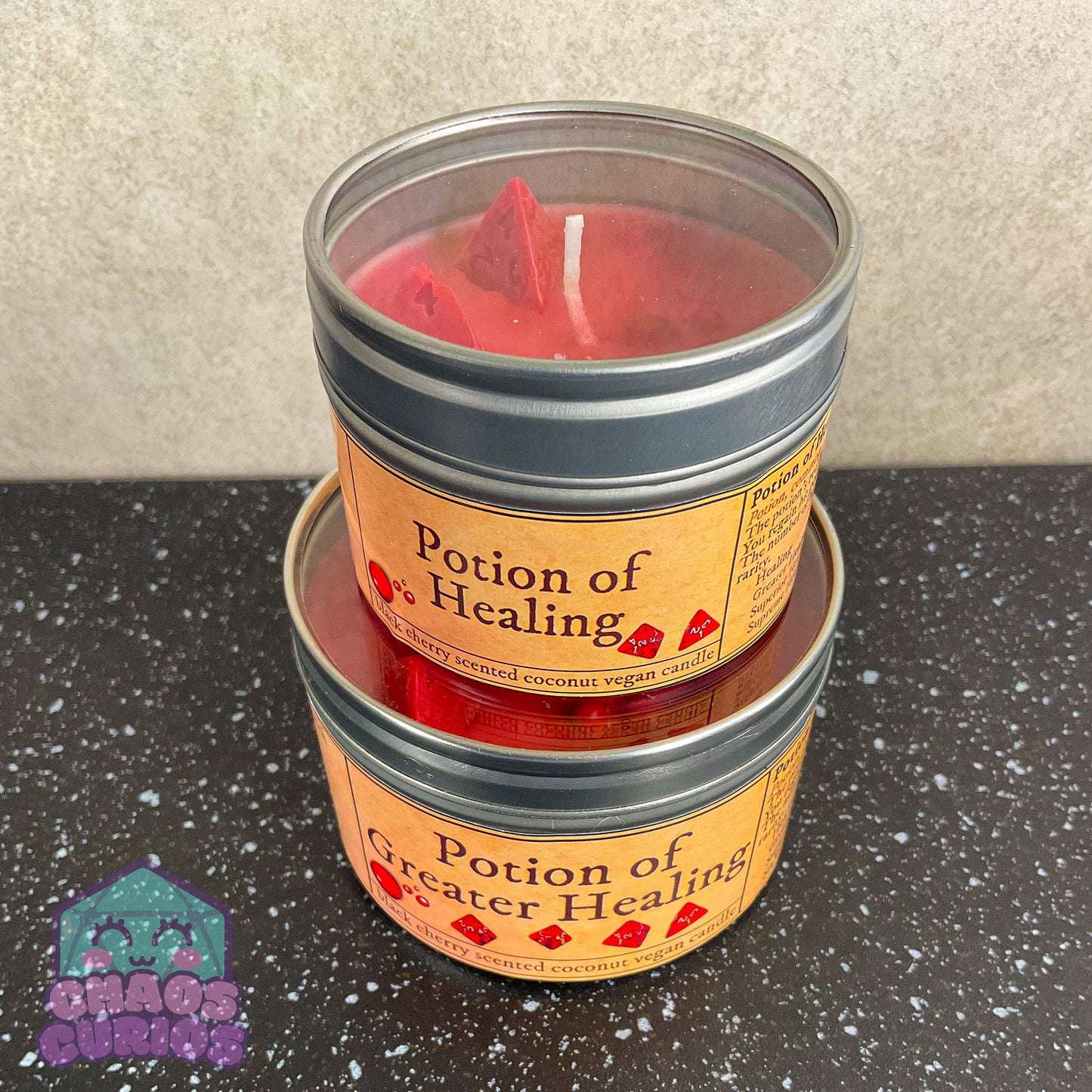 Potion of Healing, DnD Dice Candle, Wood Wick, Cherry Bakewell Scented, Roleplay Candle, Dice Wax Melts, 35+ Hours