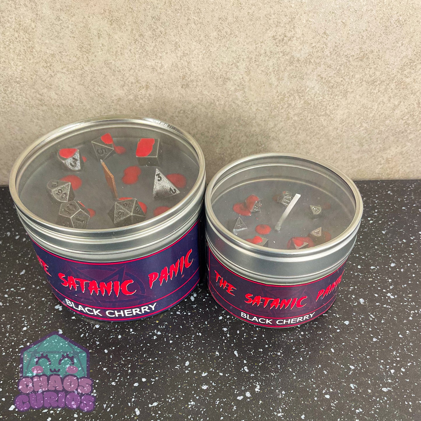 Satanic Panic! RPG Candle, RPG Dice Candle, Wooden Wick, Black Cherry Scented, Roleplay Candle, Dice Wax Melts, 35+ Hours