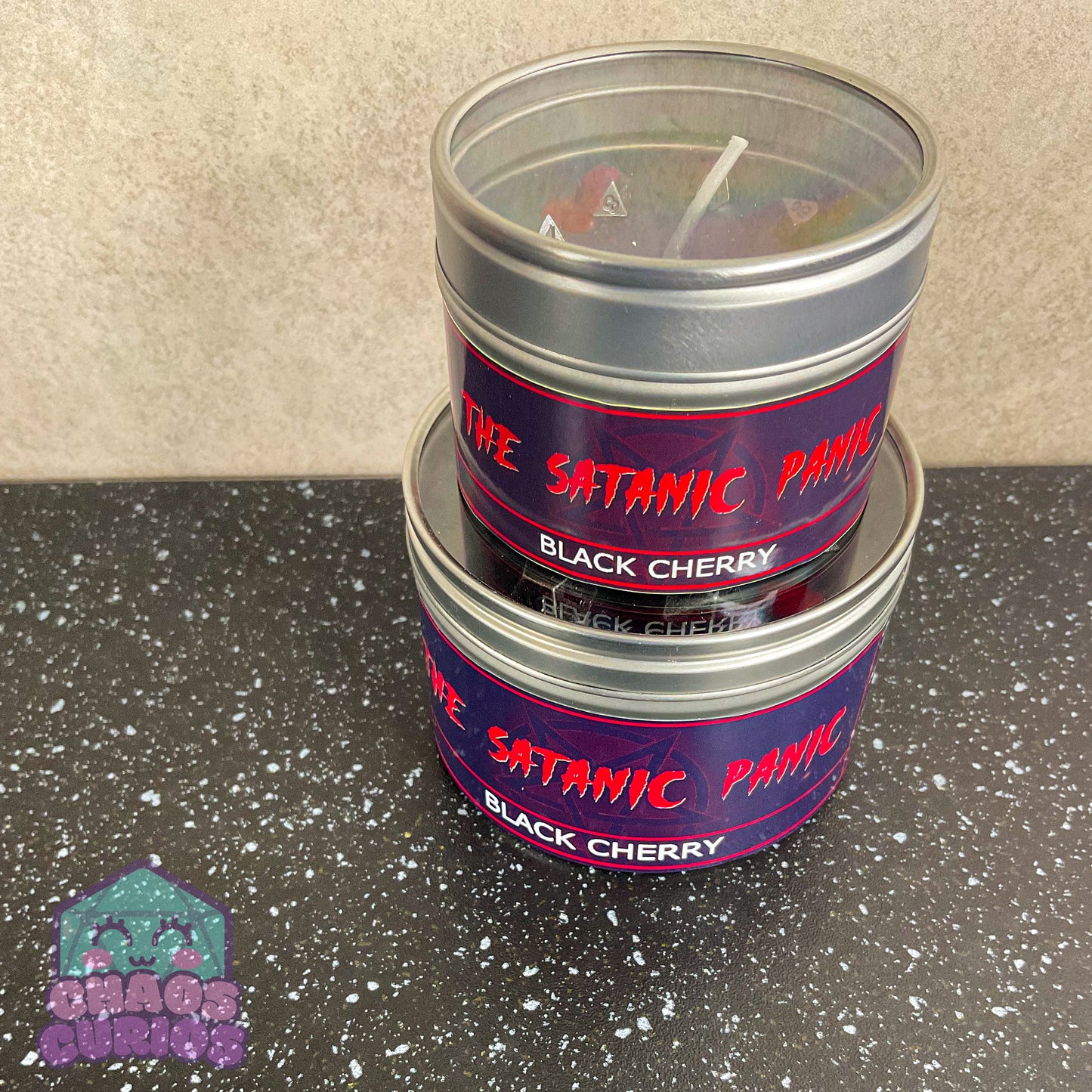 Satanic Panic! RPG Candle, RPG Dice Candle, Wooden Wick, Black Cherry Scented, Roleplay Candle, Dice Wax Melts, 35+ Hours