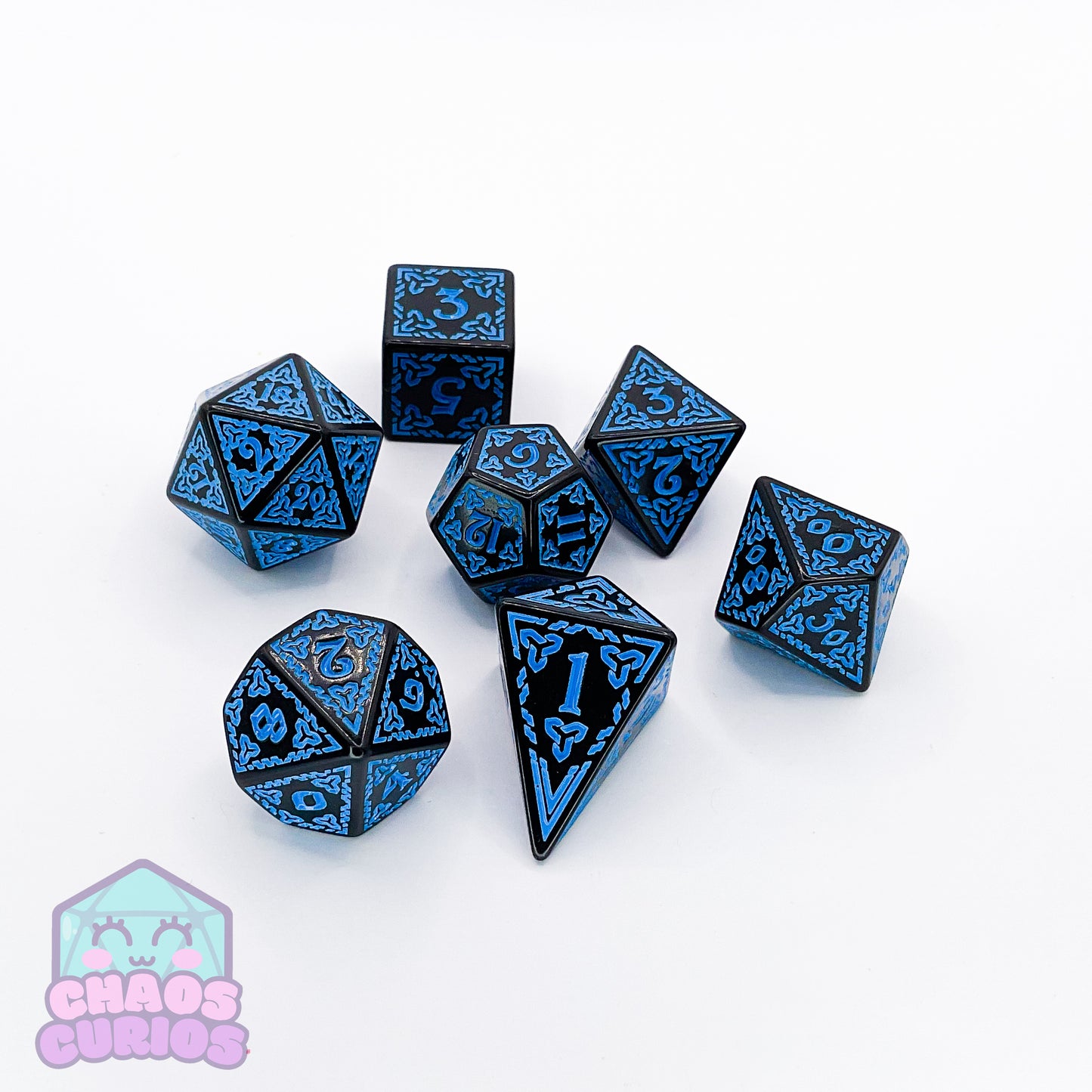 Blue Black Glyph 7-piece Dice Set - Quadrilateral/Kite D4