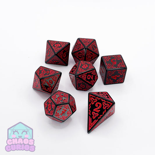 Red Black Glyph 7-piece Dice Set - Quadrilateral/Kite D4