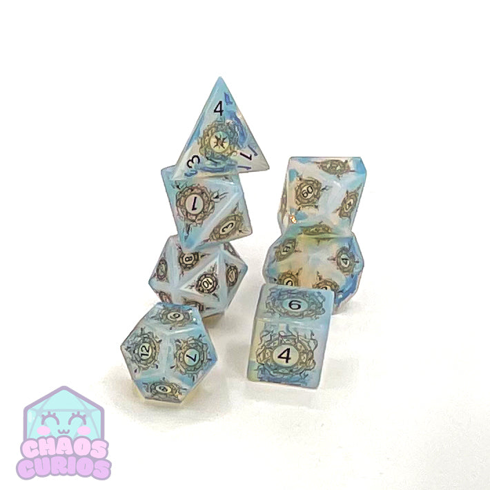 Opalite Gemstone 7-piece Sharp Edged Dice Set