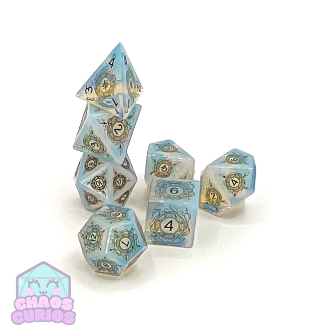 Opalite Gemstone 7-piece Sharp Edged Dice Set