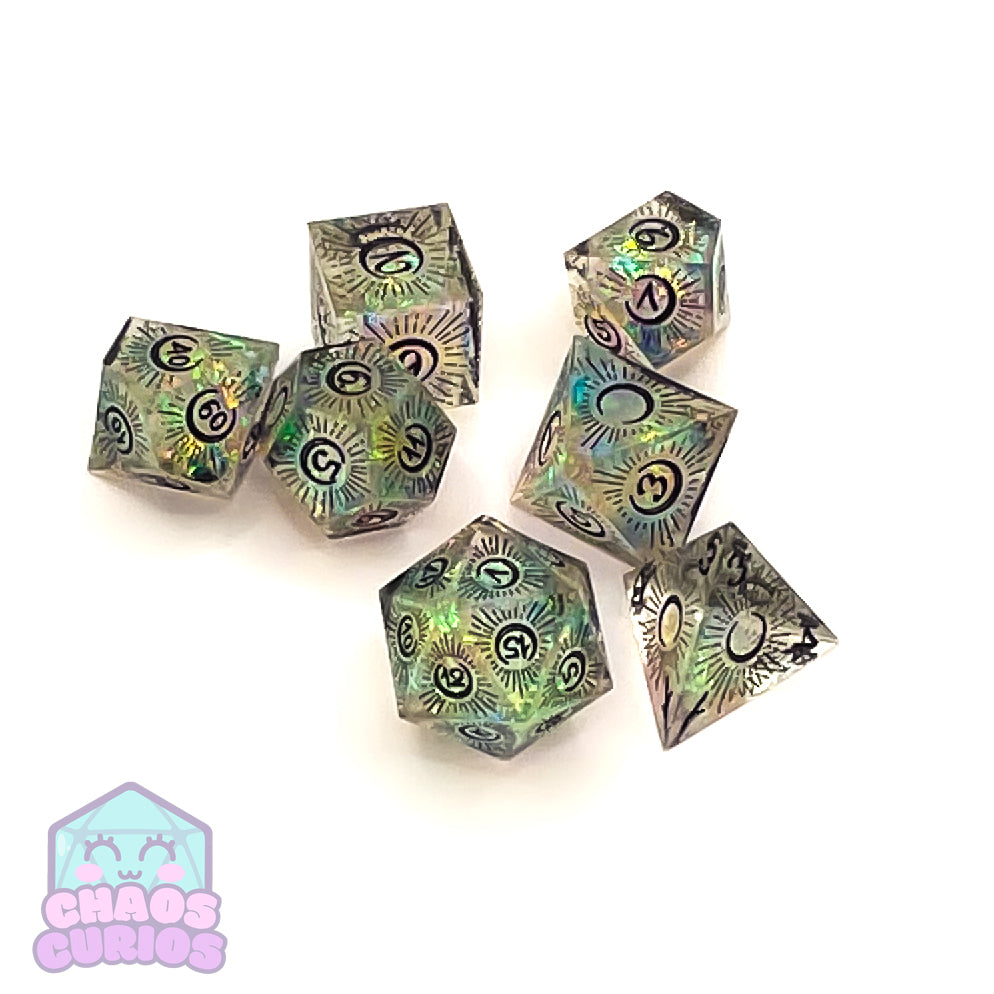 Holographic Mystical Moon 7-piece Sharp Edged Resin Dice Set