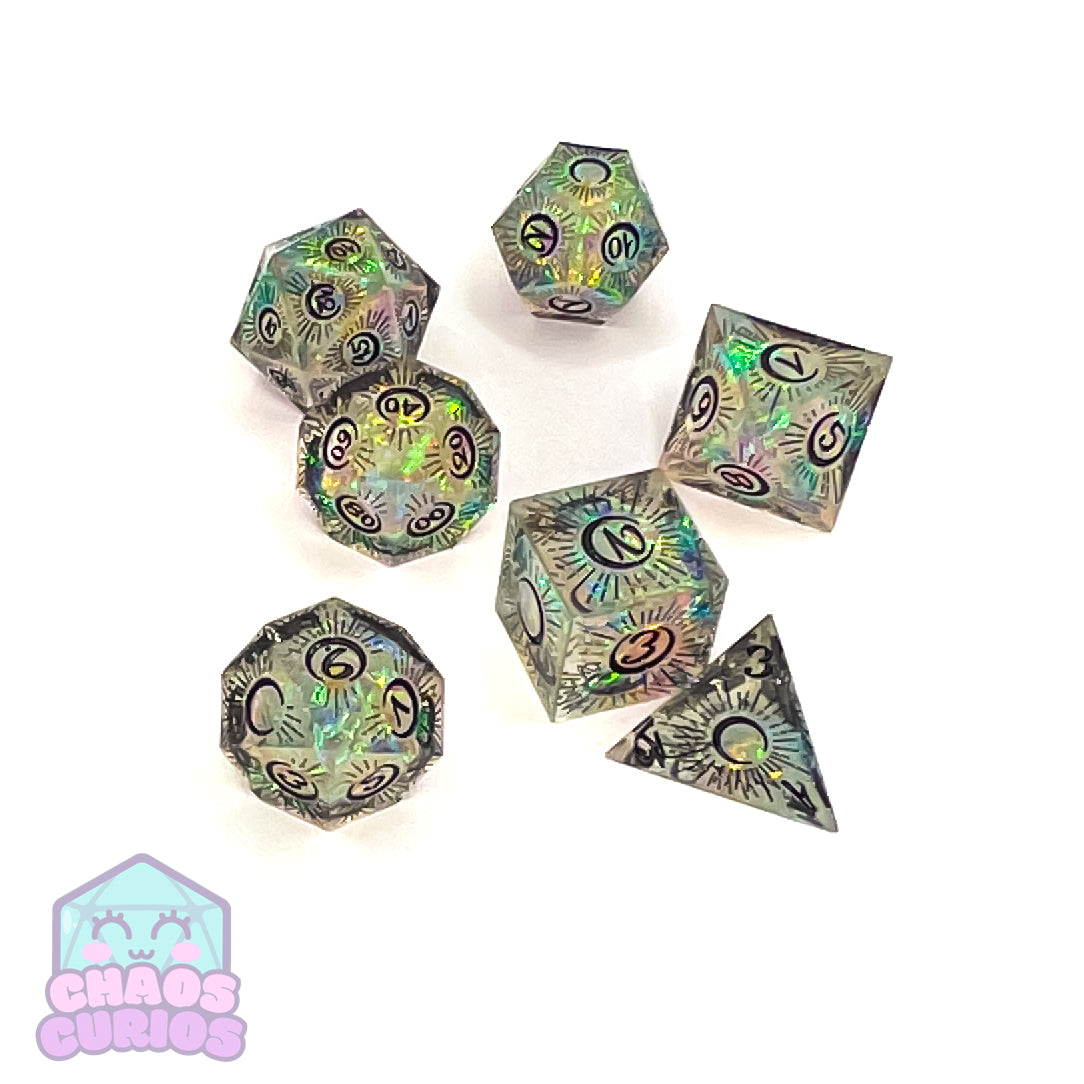 Holographic Mystical Moon 7-piece Sharp Edged Resin Dice Set