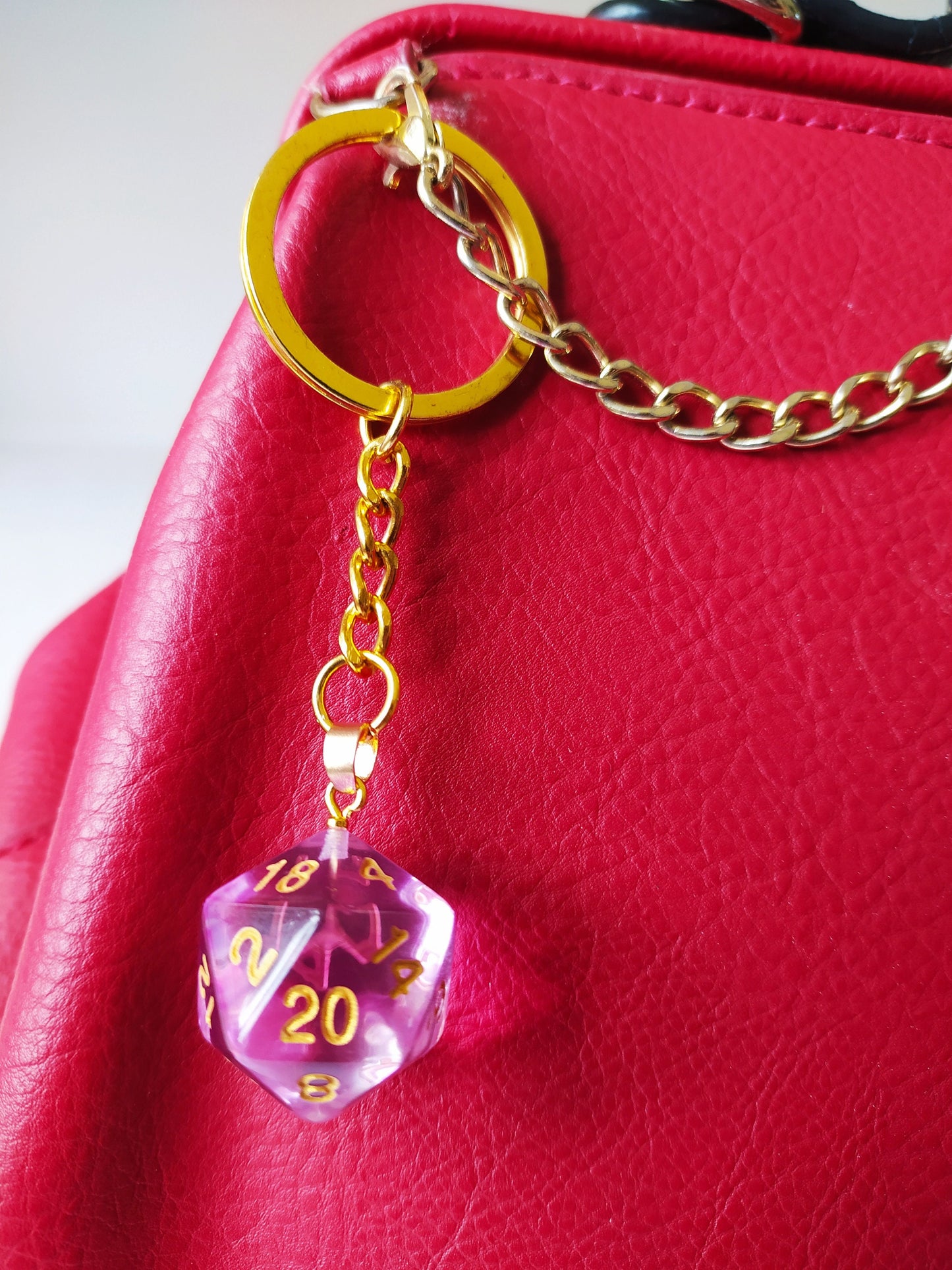 D20 Dice Keychain, Bag Charm, Gold Finishing,