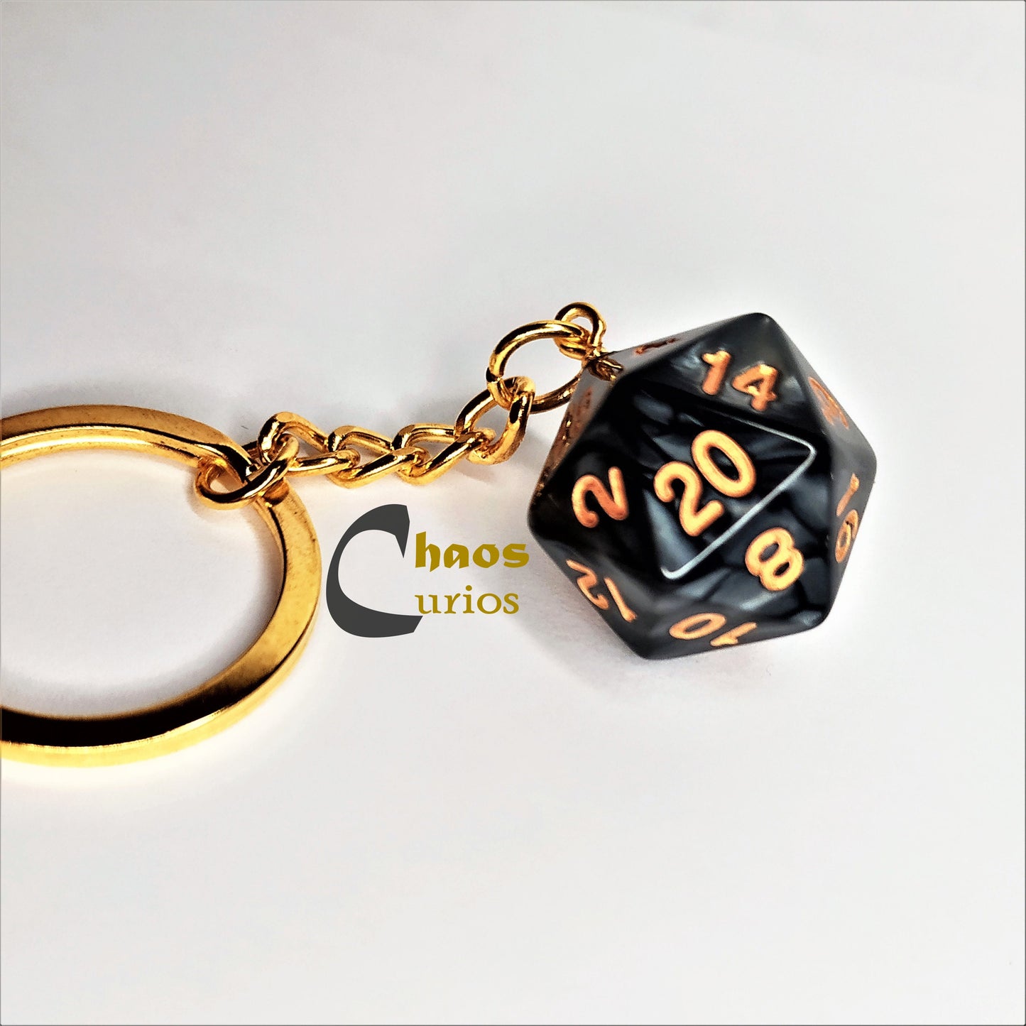 D20 Dice Keychain, Bag Charm, Gold Finishing,