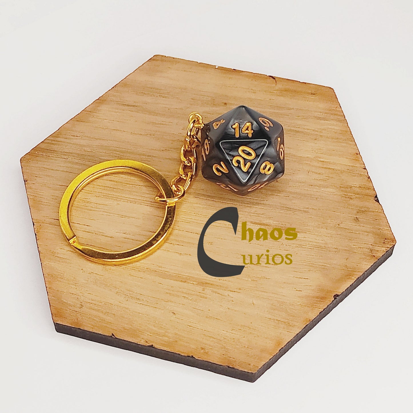 D20 Dice Keychain, Bag Charm, Gold Finishing,