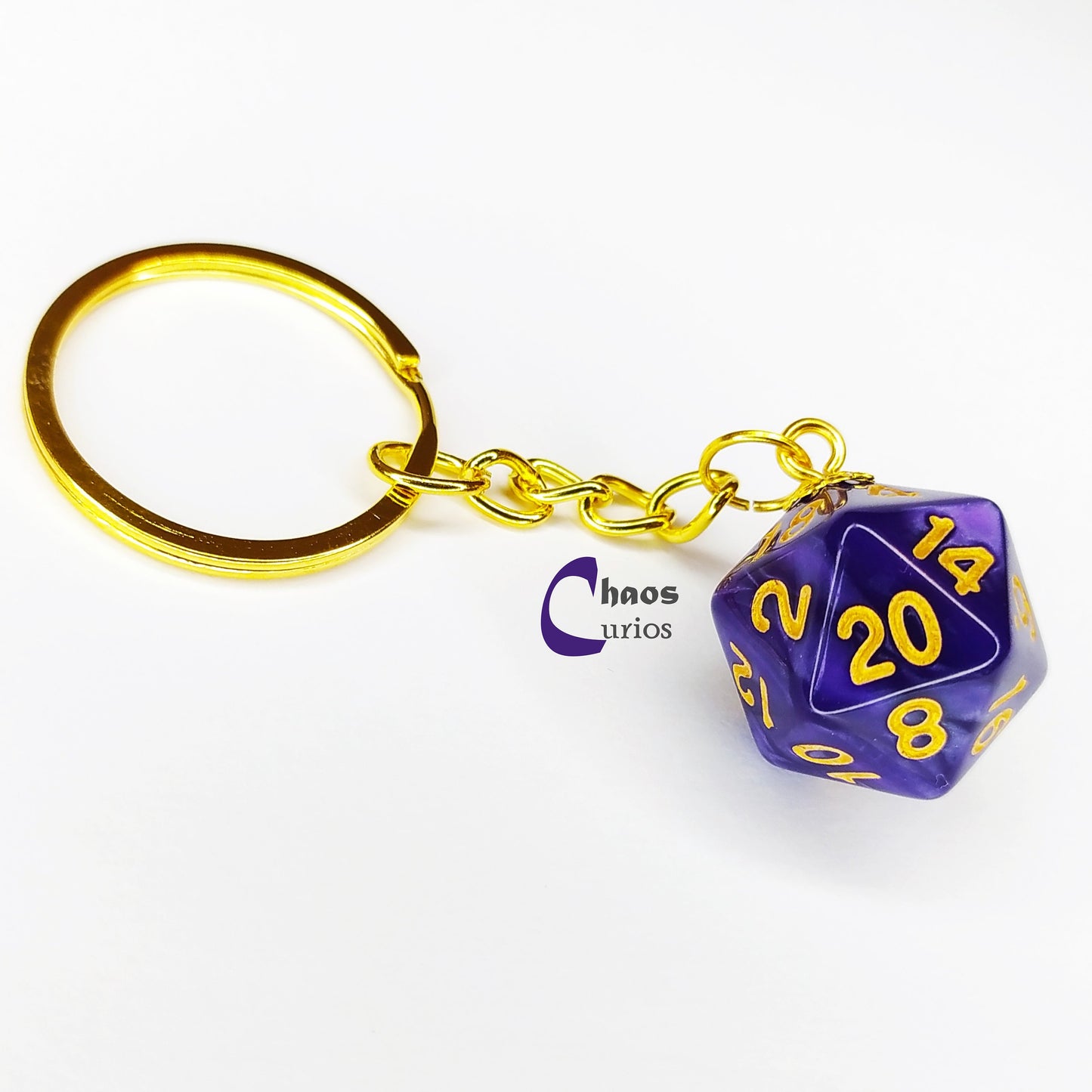 D20 Dice Keychain, Bag Charm, Gold Finishing,