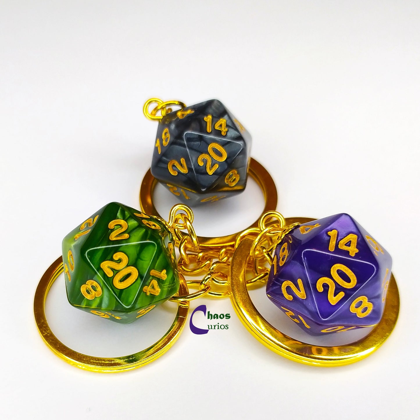 D20 Dice Keychain, Bag Charm, Gold Finishing,