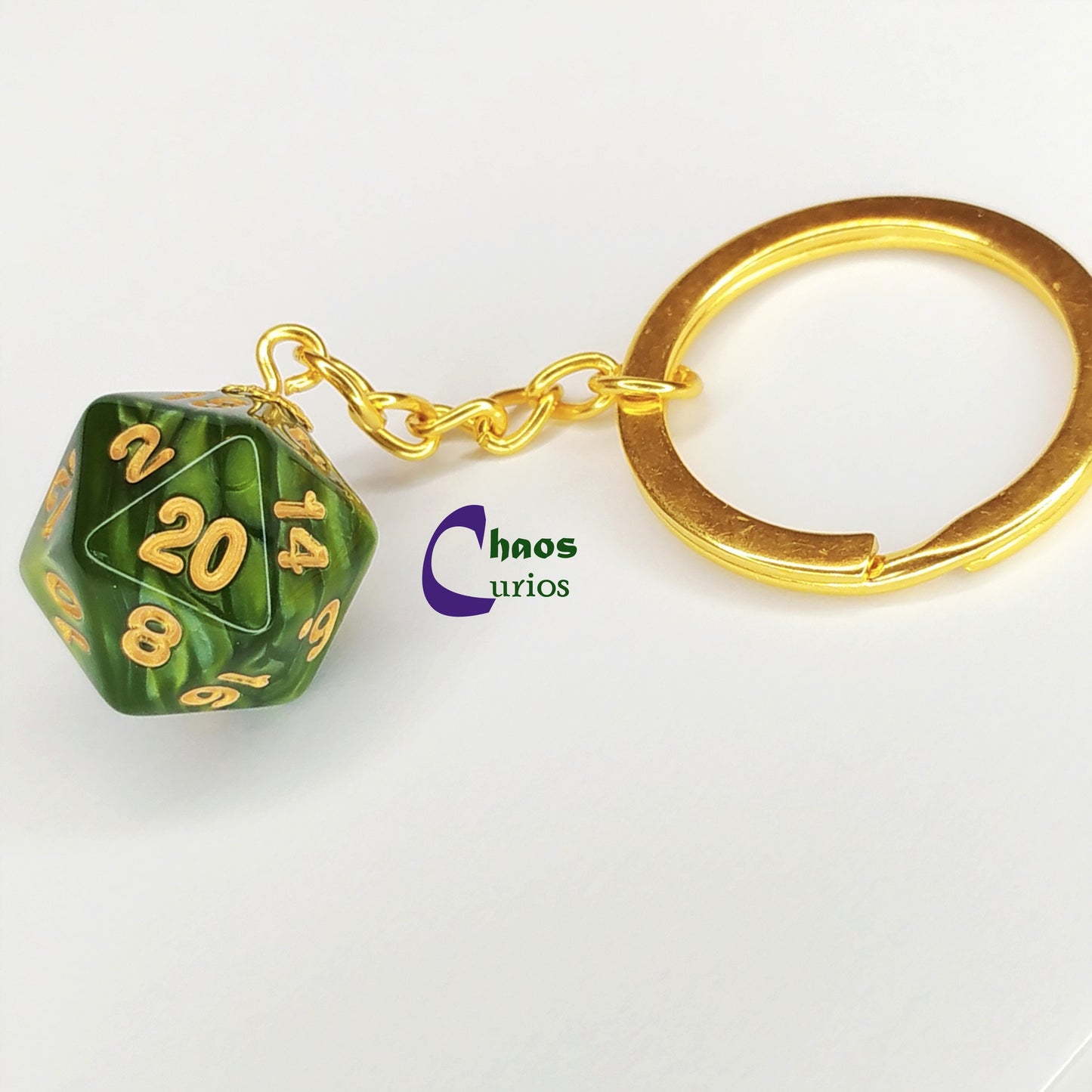D20 Dice Keychain, Bag Charm, Gold Finishing,