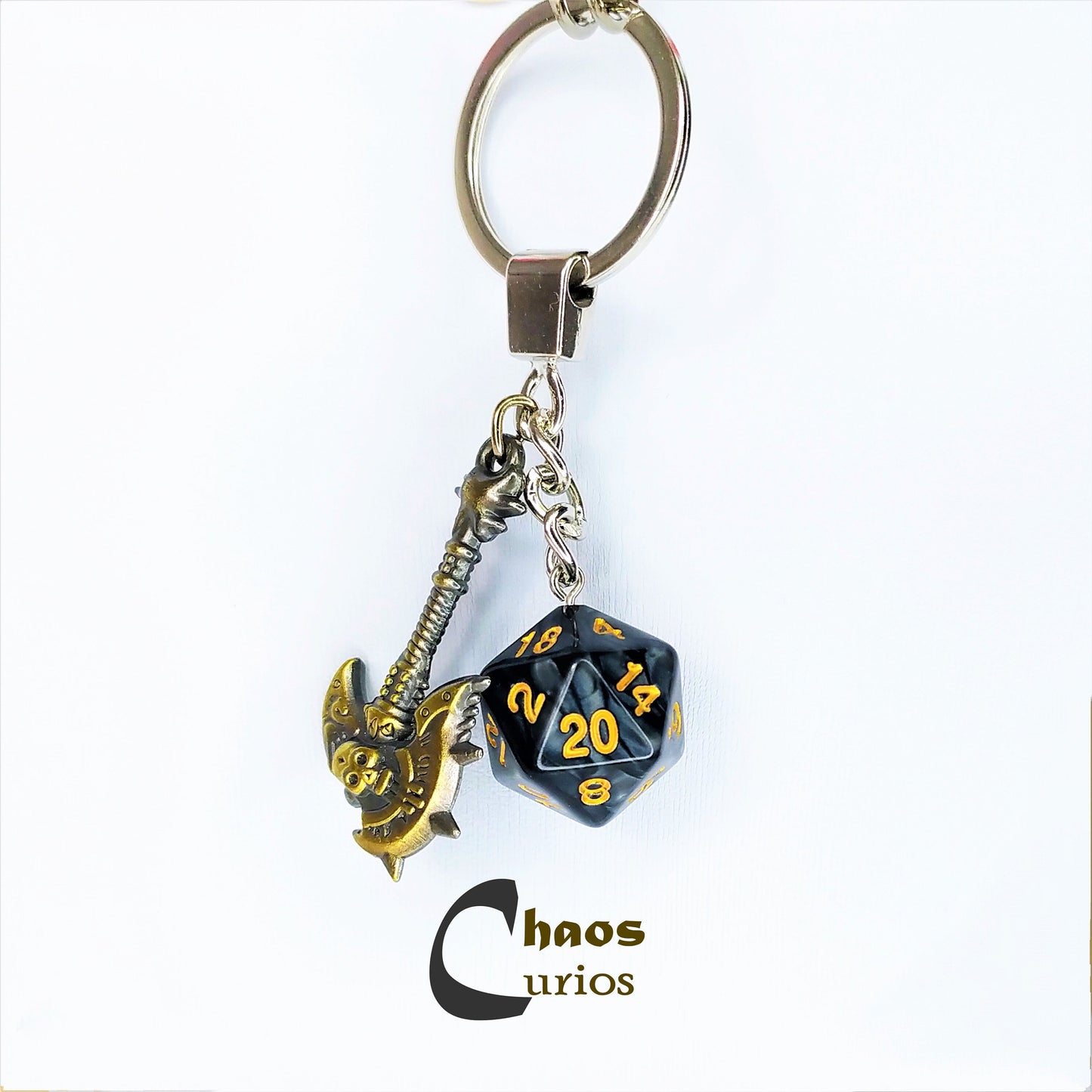 D20 Dice & Axe Keychain / Bag Charm, Silver Finishing