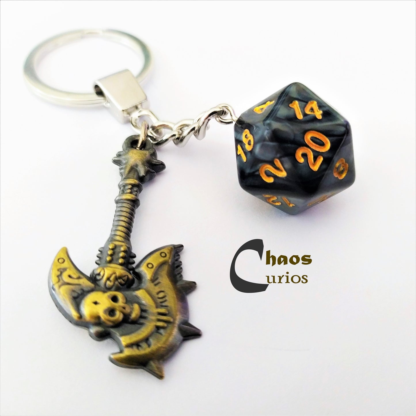 D20 Dice & Axe Keychain / Bag Charm, Silver Finishing