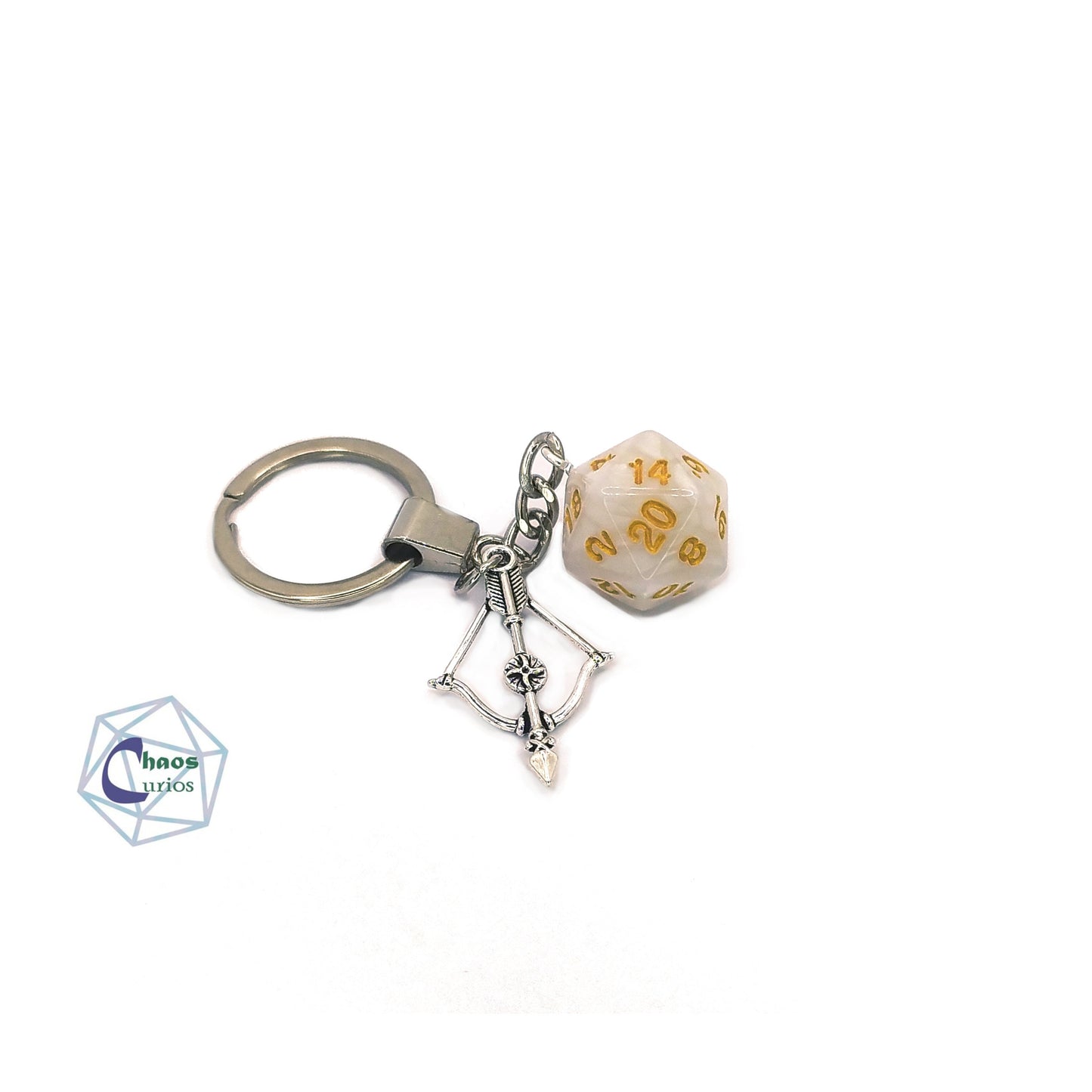 D20 Dice & Crossbow Keychain, Bag Charm, Silver Finishing, Bow and Arrow, Ranger