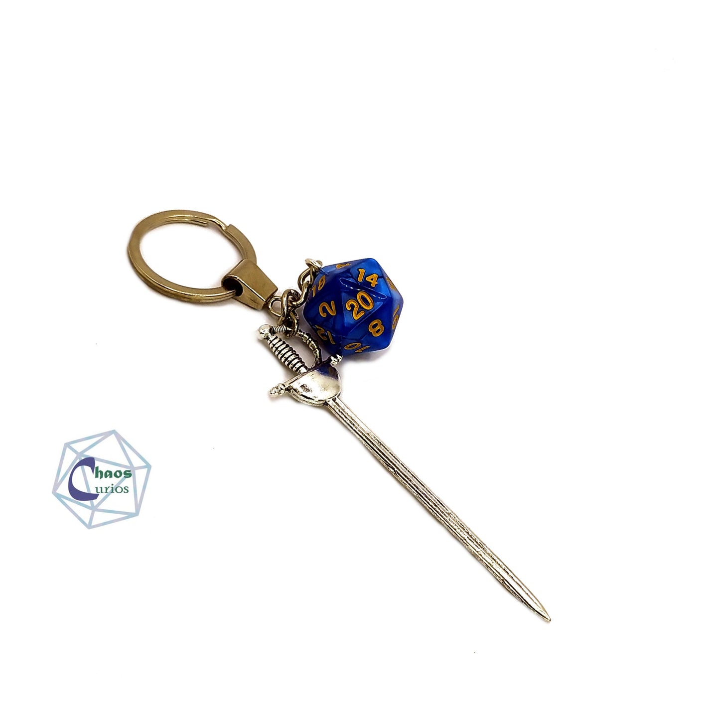D20 Dice & Sword Keychain, Bag Charm, Silver Finishing,