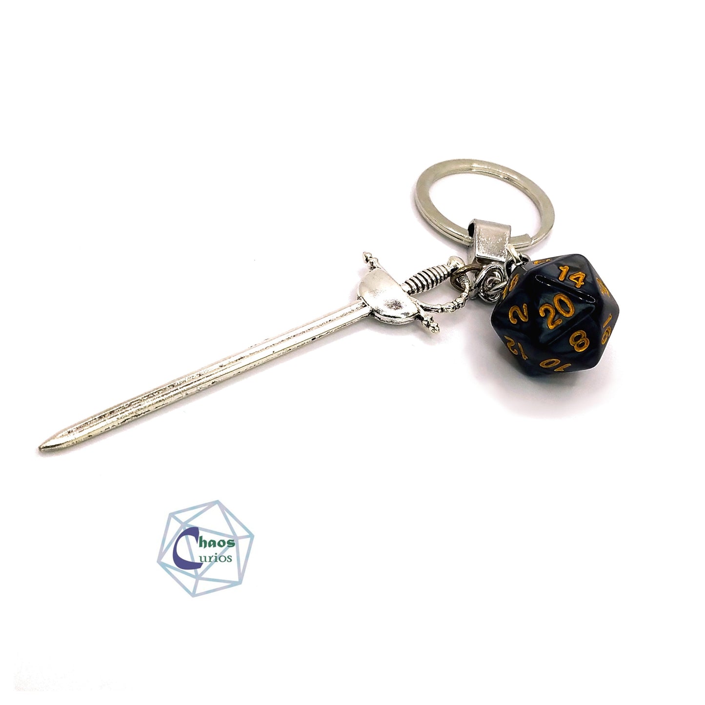 D20 Dice & Sword Keychain, Bag Charm, Silver Finishing,