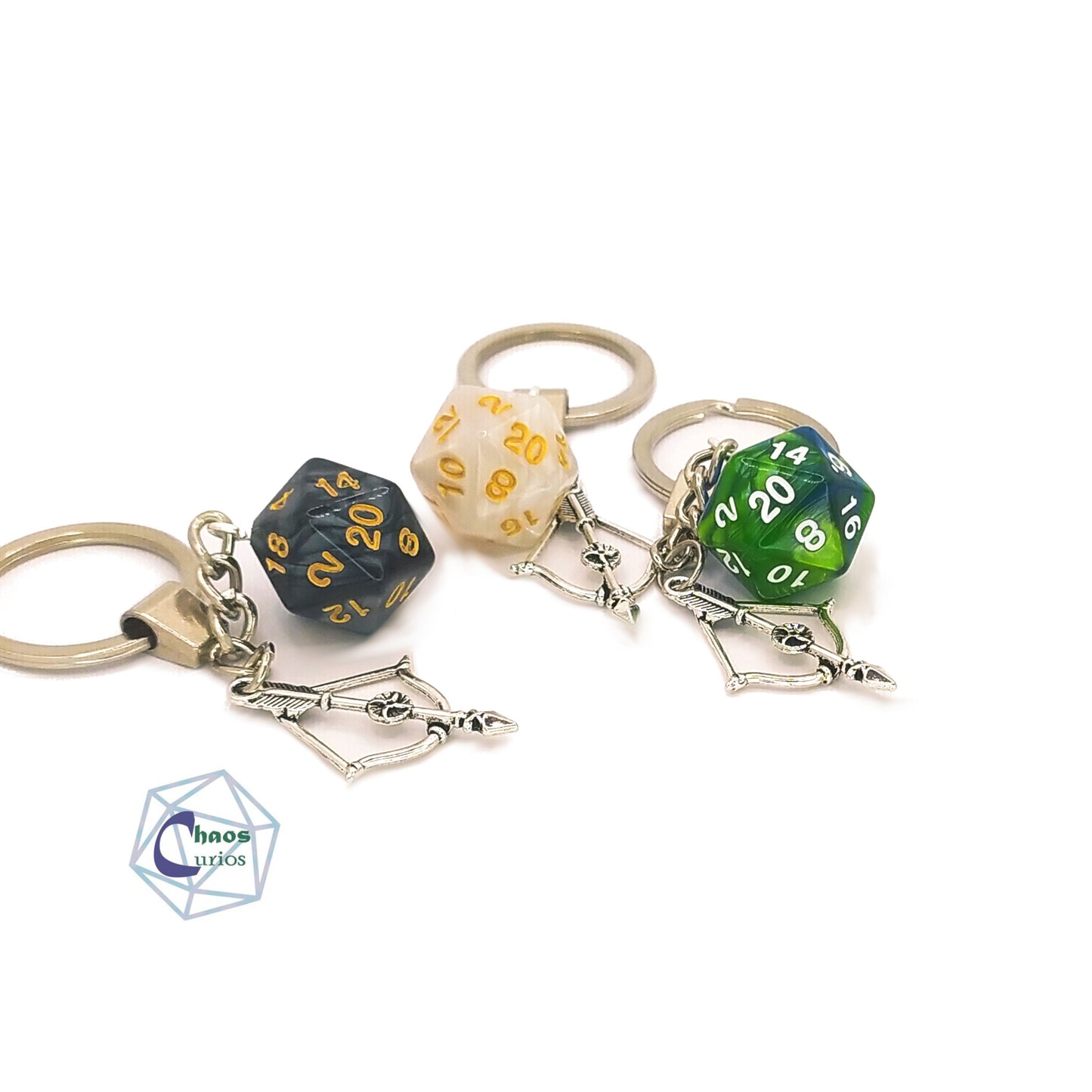 D20 Dice & Crossbow Keychain, Bag Charm, Silver Finishing, Bow and Arrow, Ranger