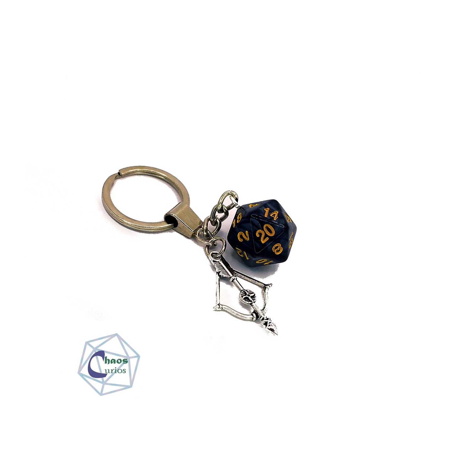 D20 Dice & Crossbow Keychain, Bag Charm, Silver Finishing, Bow and Arrow, Ranger