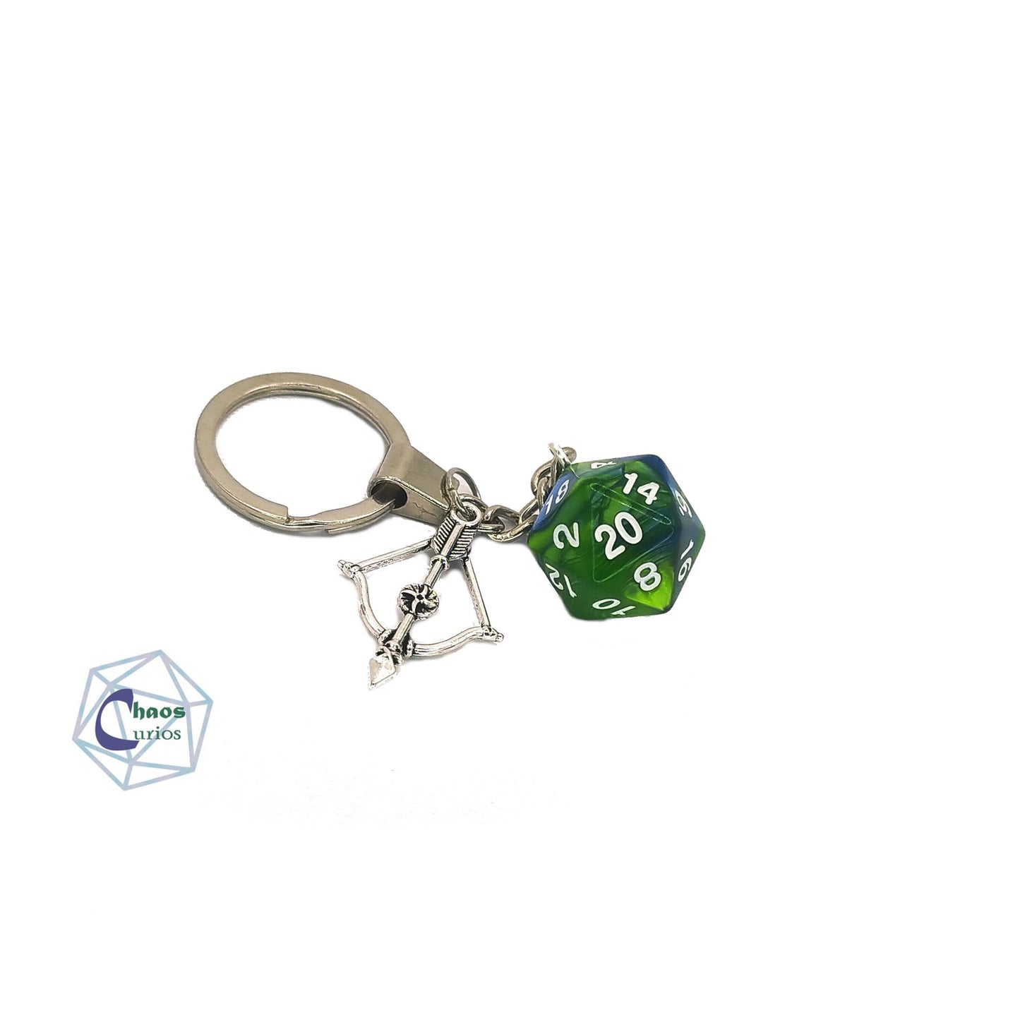 D20 Dice & Crossbow Keychain, Bag Charm, Silver Finishing, Bow and Arrow, Ranger