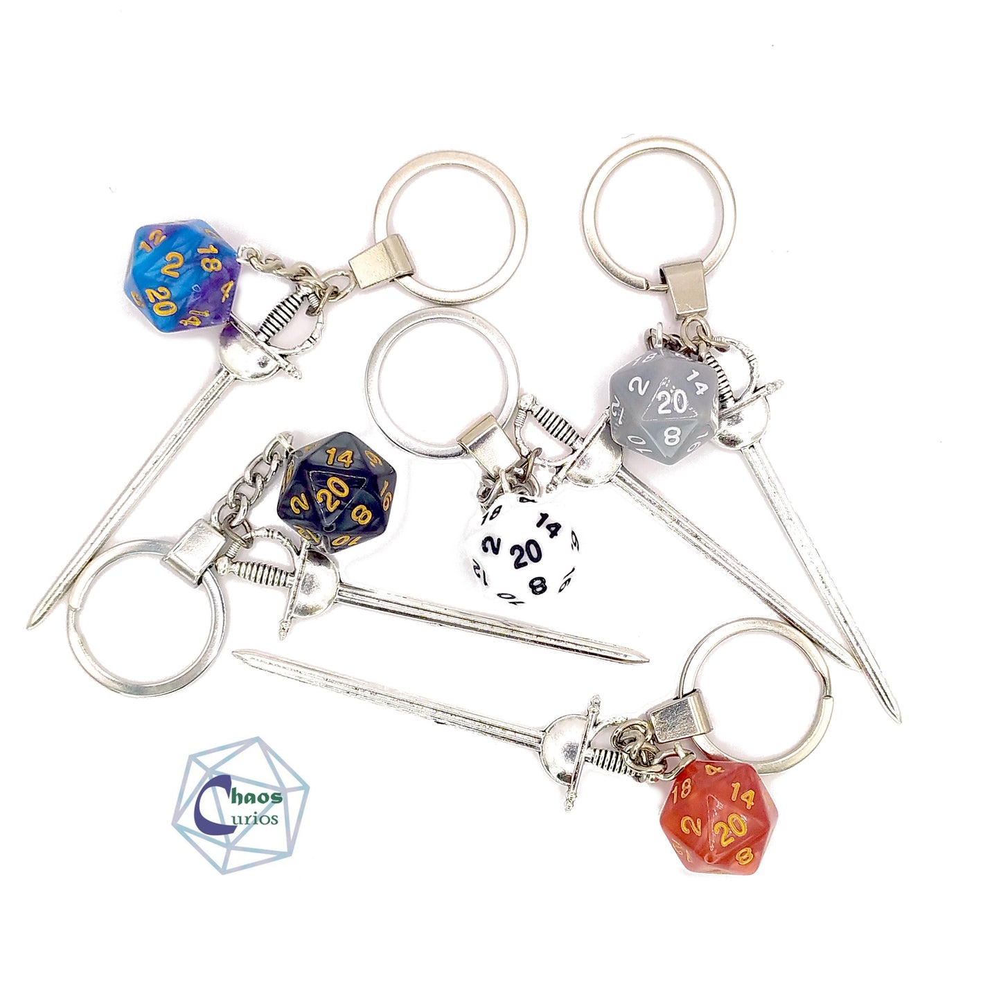 D20 Dice & Sword Keychain, Bag Charm, Silver Finishing,