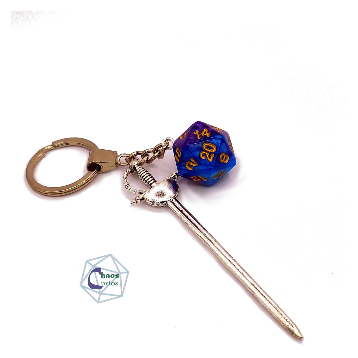 D20 Dice & Sword Keychain, Bag Charm, Silver Finishing,