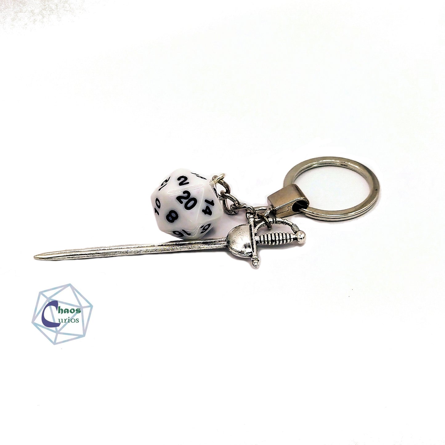 D20 Dice & Sword Keychain, Bag Charm, Silver Finishing,