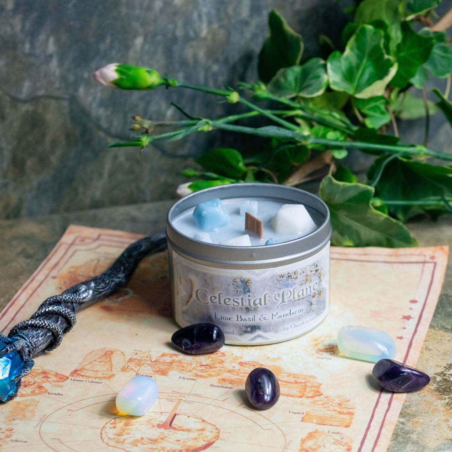 The Celestial Planes, DnD Dice Candle, Wood Wick Candle, Lime Basil and Mandarin Scent, Roleplay Candle, with Dice Wax Melts, 35+ Hours