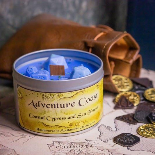 Adventure Coast, DnD Dice Candle, Wood Wick, Coastal Scented, Roleplay Candle, Dice Wax Melts, 35+ Hours