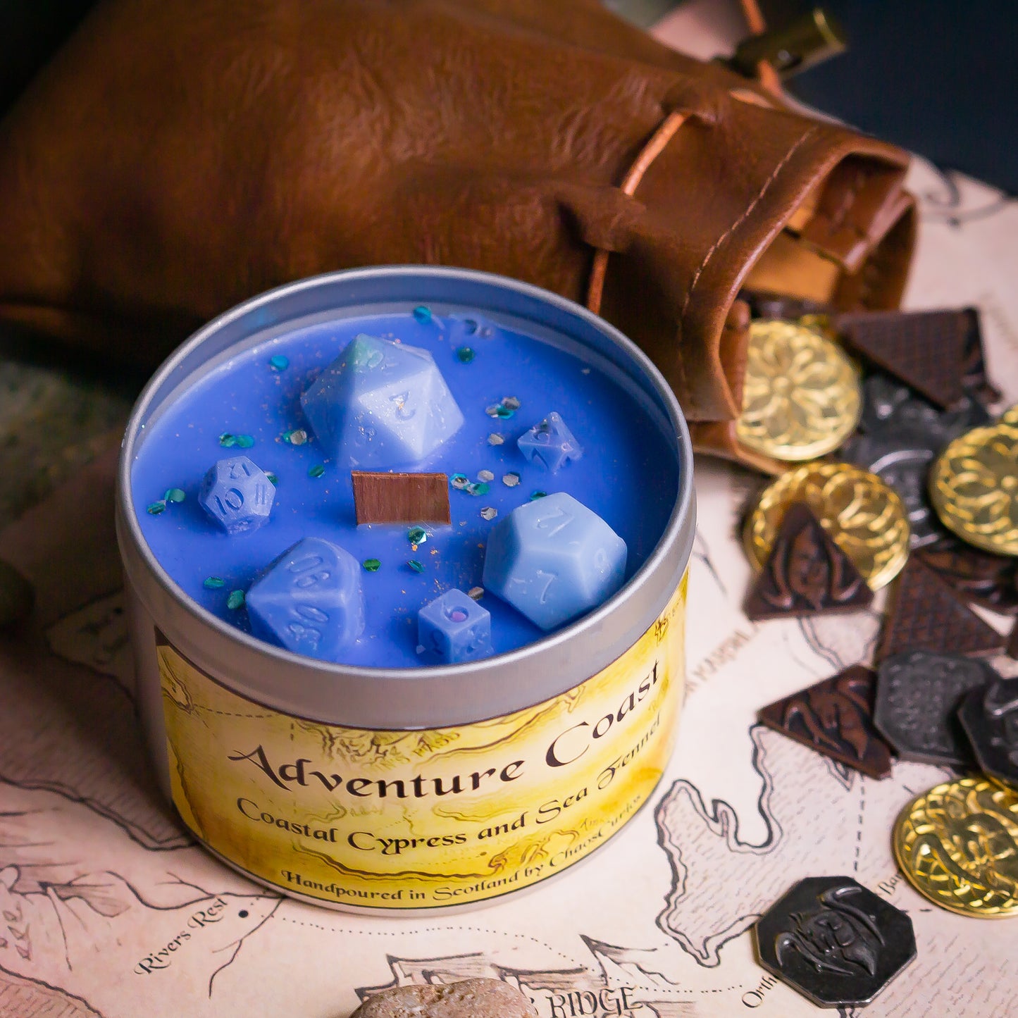 Adventure Coast, DnD Dice Candle, Wood Wick, Coastal Scented, Roleplay Candle, Dice Wax Melts, 35+ Hours