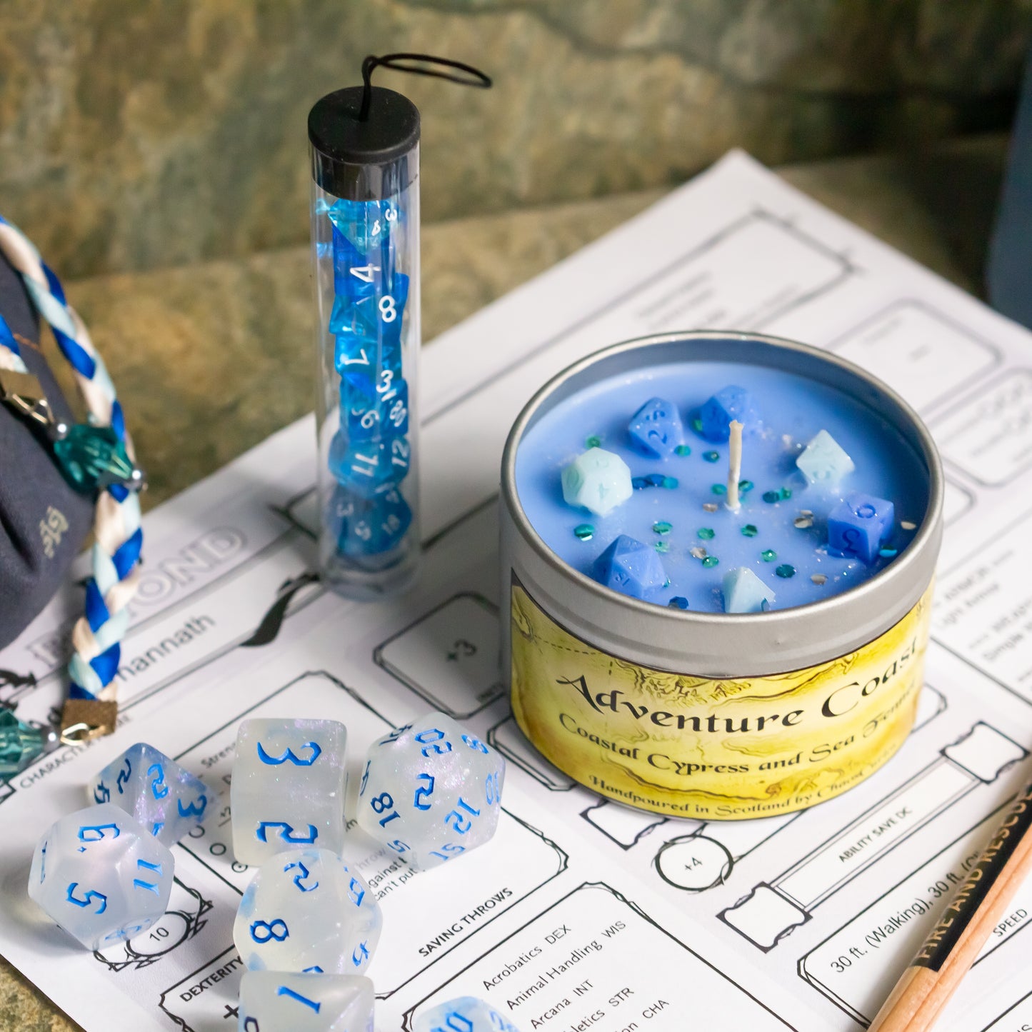 Adventure Coast, DnD Dice Candle, Wood Wick, Coastal Scented, Roleplay Candle, Dice Wax Melts, 35+ Hours