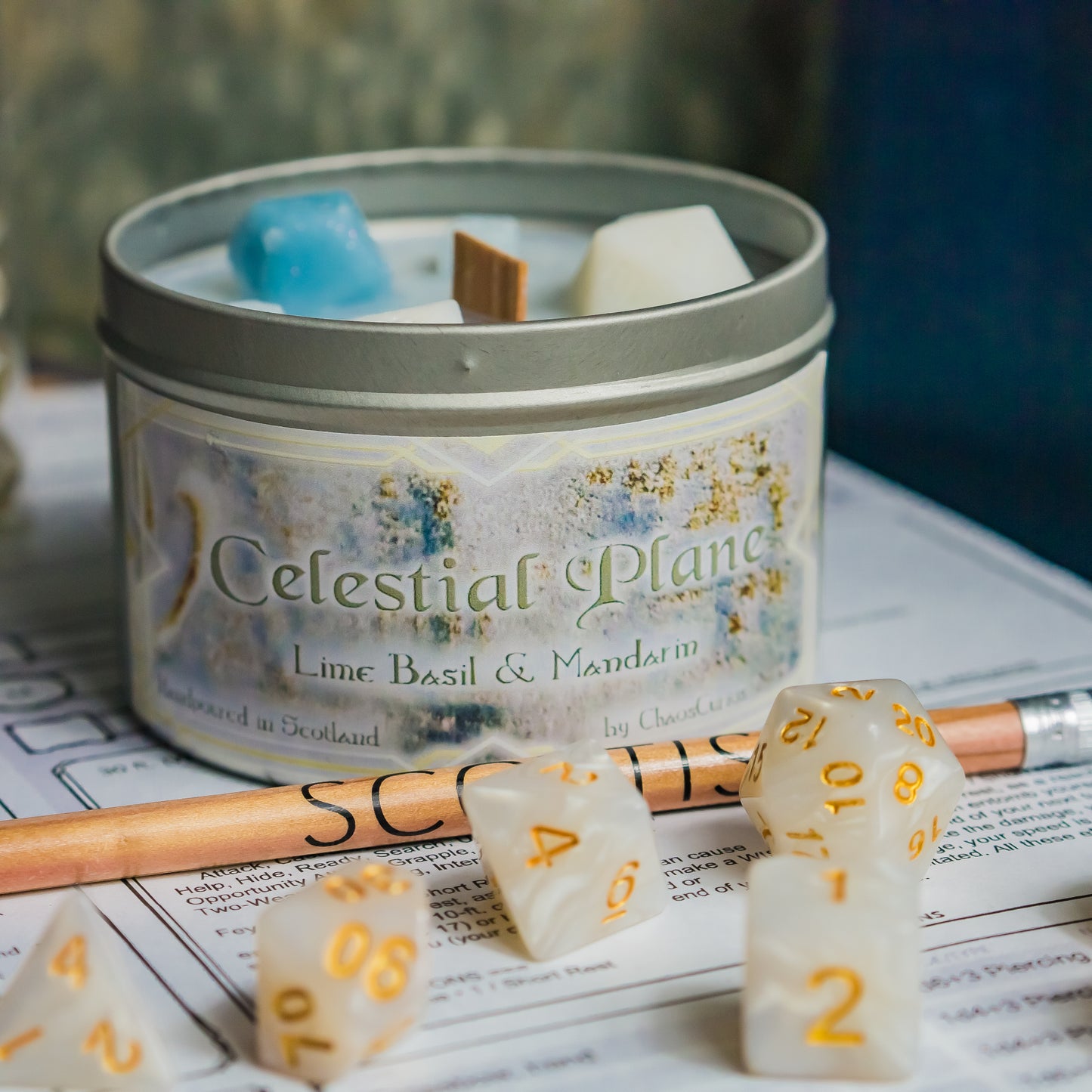 The Celestial Planes, DnD Dice Candle, Wood Wick Candle, Lime Basil and Mandarin Scent, Roleplay Candle, with Dice Wax Melts, 35+ Hours